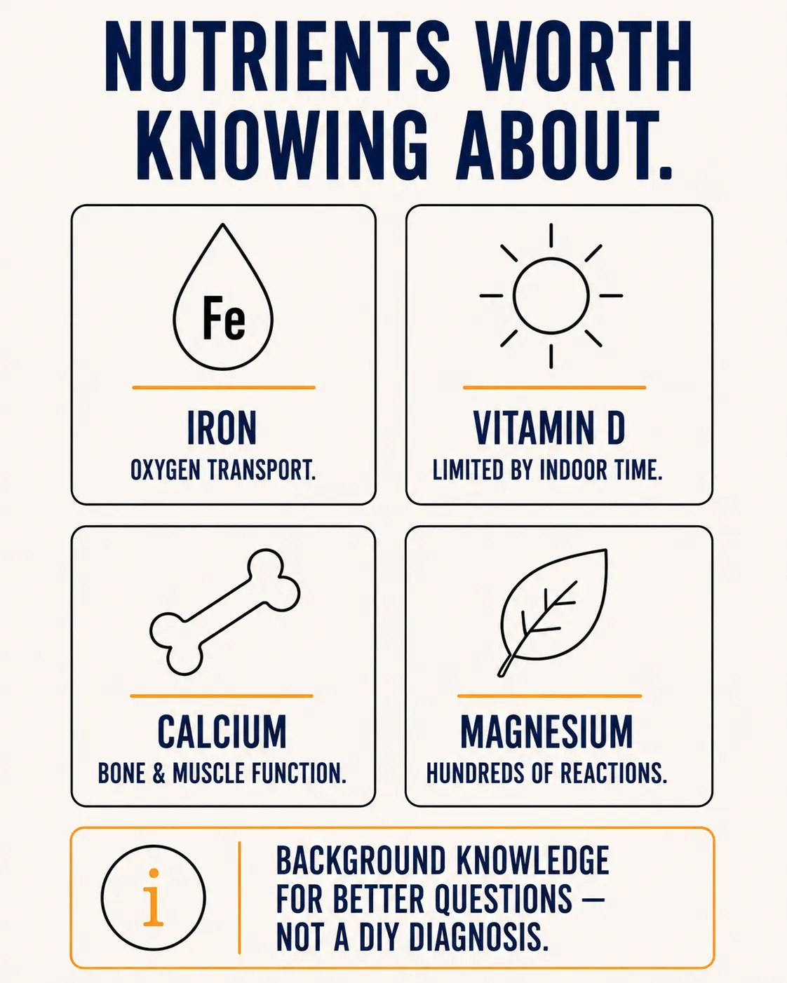 Four-card grid of commonly under-consumed nutrients: iron for oxygen transport, vitamin D limited by indoor time, calcium for bone and muscle function, and magnesium for hundreds of reactions, with a callout noting this is background knowledge for better questions, not a DIY diagnosis.