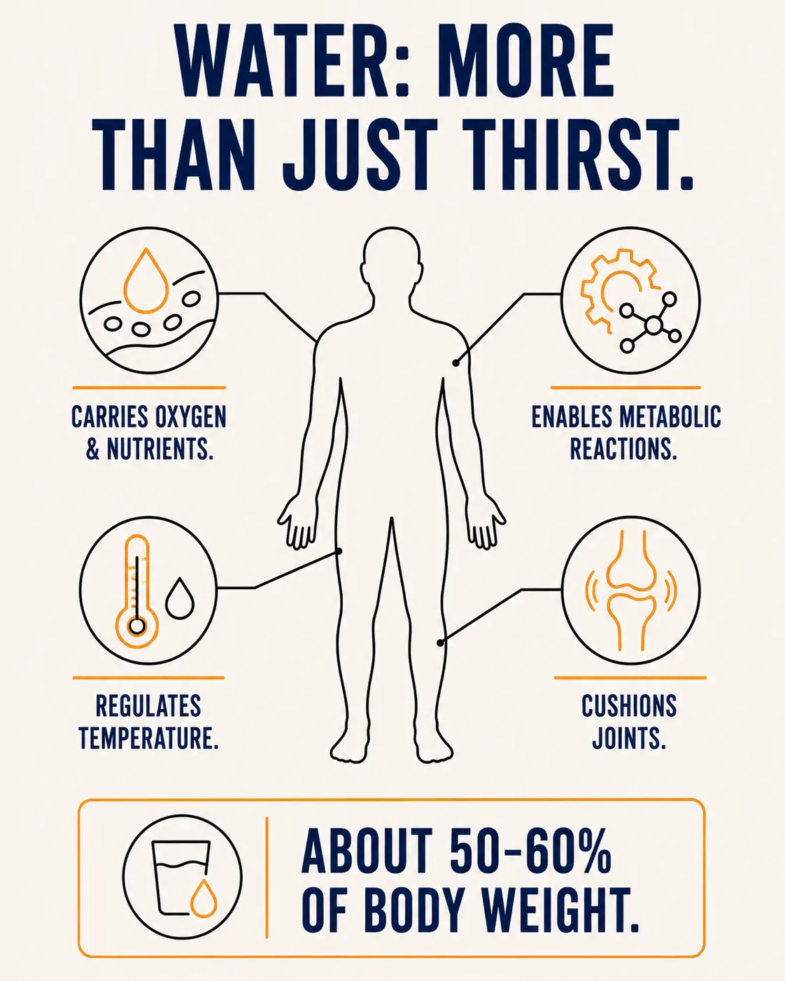 Diagram of a human silhouette with four callouts showing what water does in the body: carries oxygen and nutrients, enables metabolic reactions, regulates temperature, and cushions joints, with a note that water is about 50-60% of body weight.