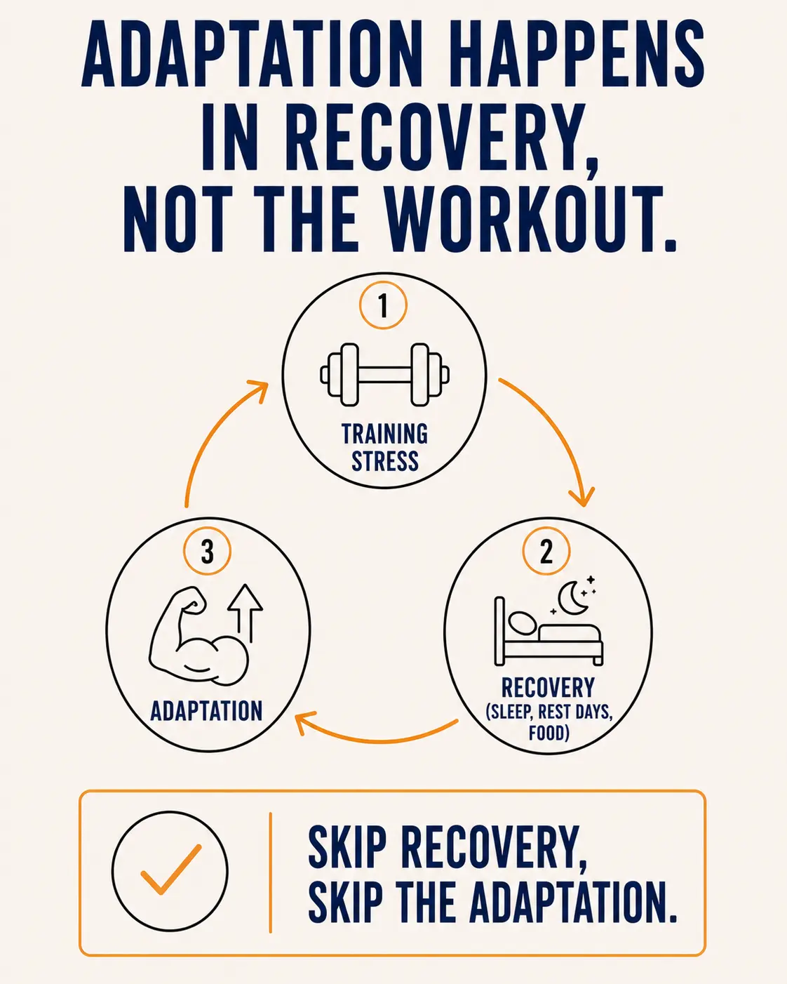 Three-step cycle diagram: training stress, then recovery through sleep, rest days, and food, then adaptation, with a callout reading skip recovery, skip the adaptation.