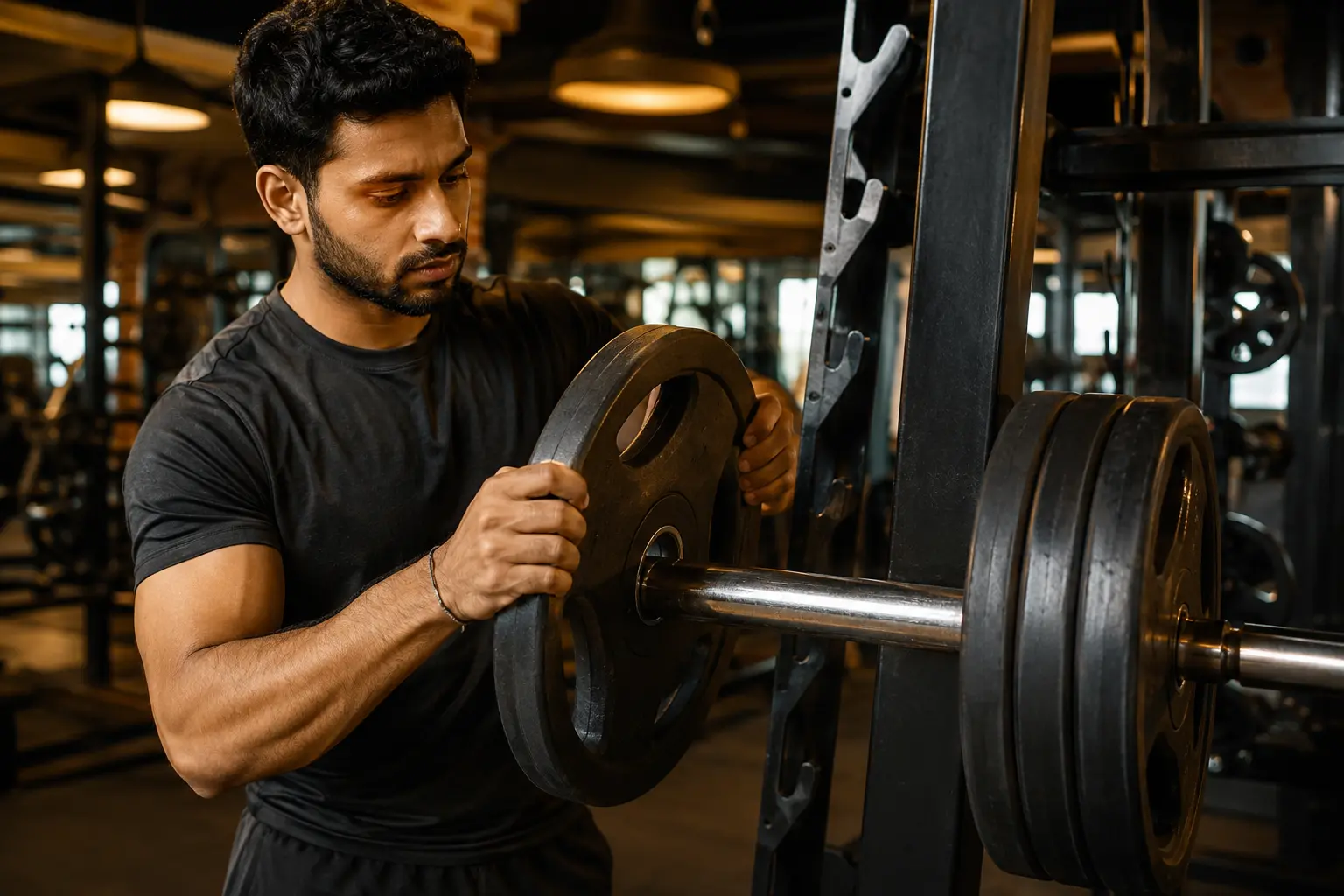 A person in a gym adding weight plates to a barbell, illustrating the concept of progressive overload in strength training