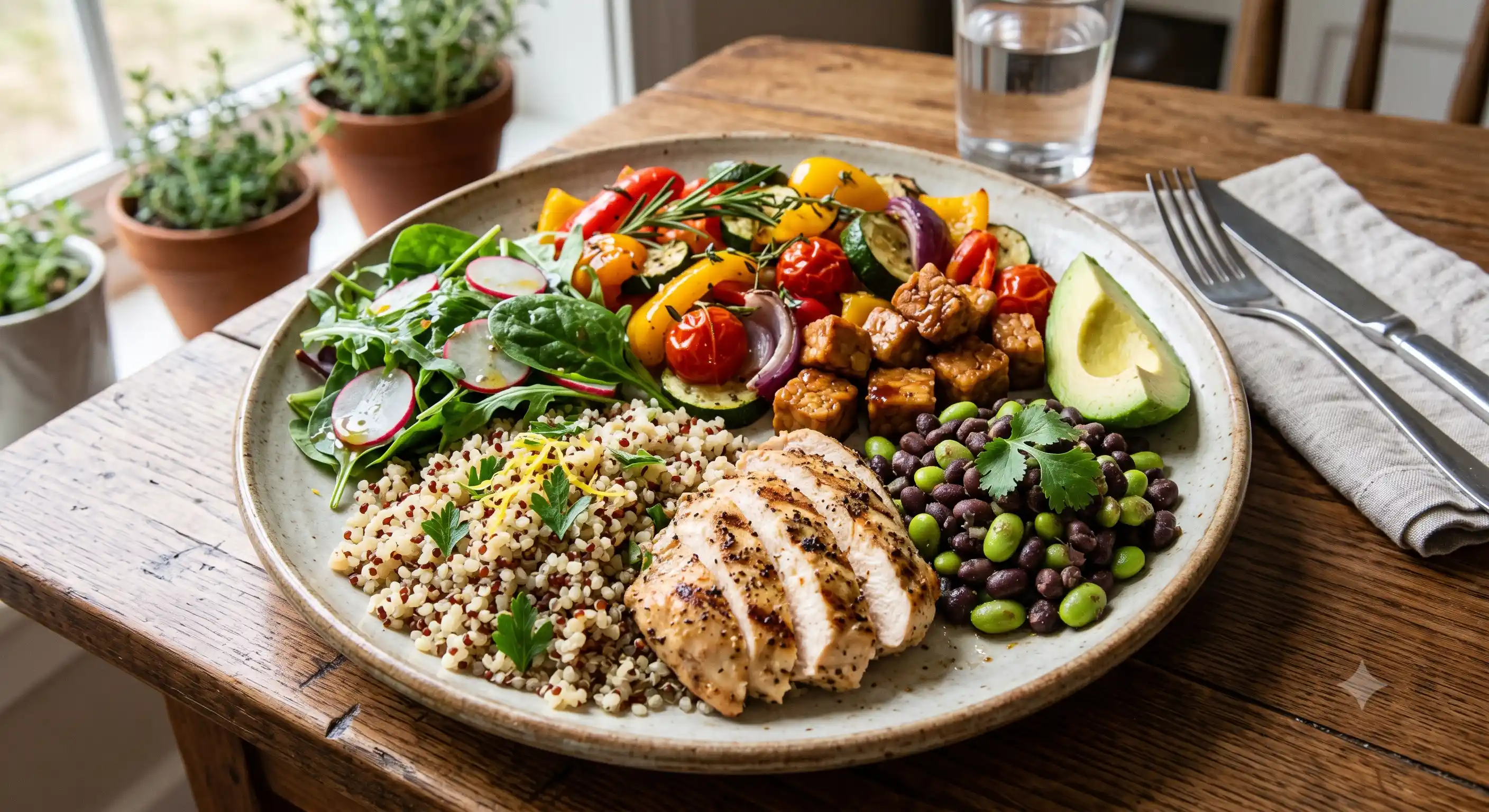 Eggs, yogurt, nuts, and lentils arranged together — protein sources that appear across nearly every country's dietary guideline in some form