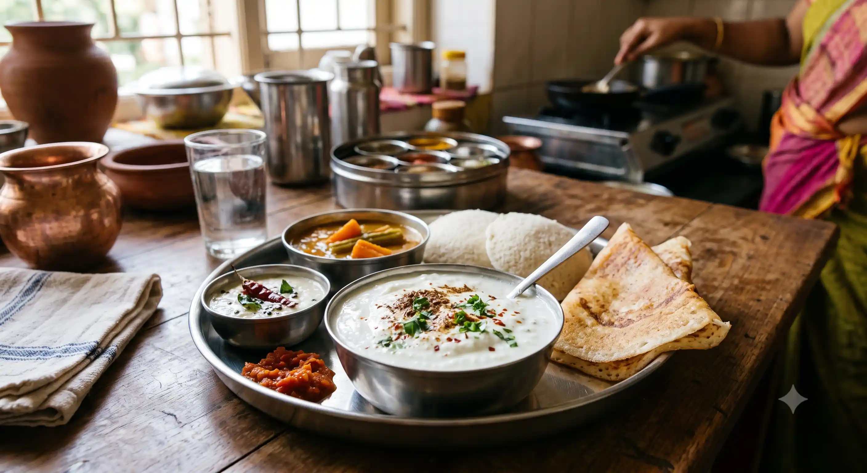 Curd, lentils, eggs, and nuts arranged together — dahi (fermented milk) is one of India's most common daily fermented foods alongside idli and dosa
