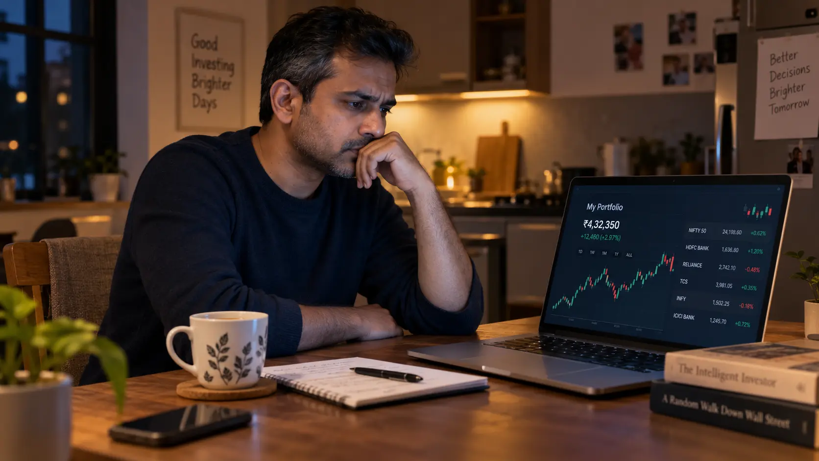A man sitting at a kitchen table late at night looking at a laptop showing a stock portfolio, with a thoughtful, slightly stressed expression