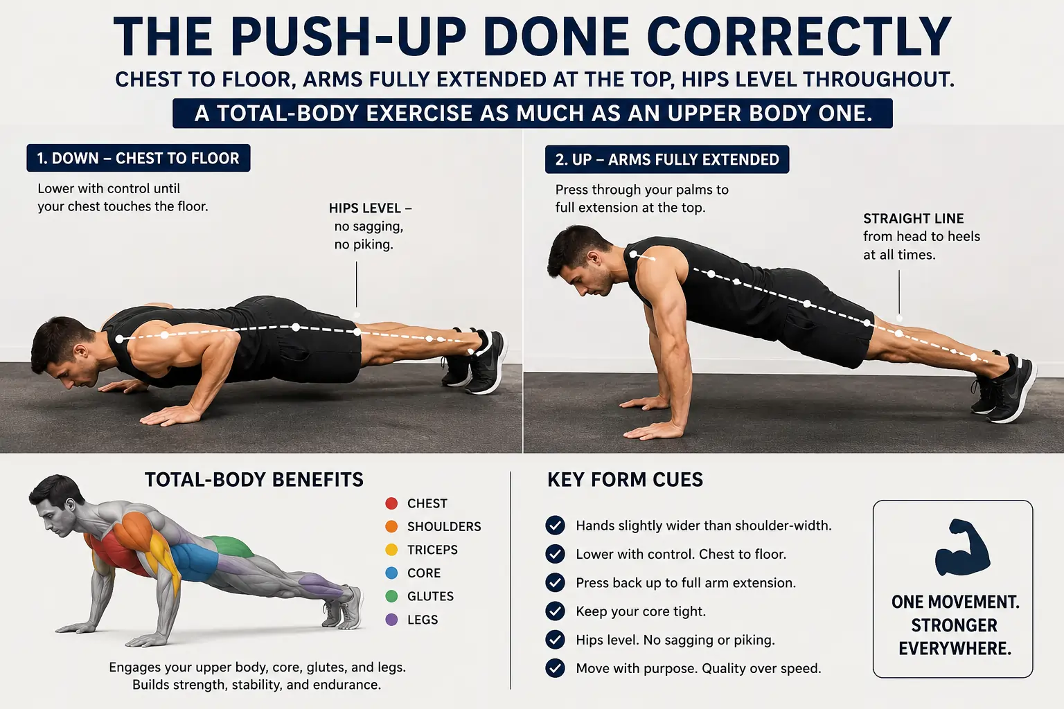 Push-up form — the most common foundational bodyweight upper body exercise