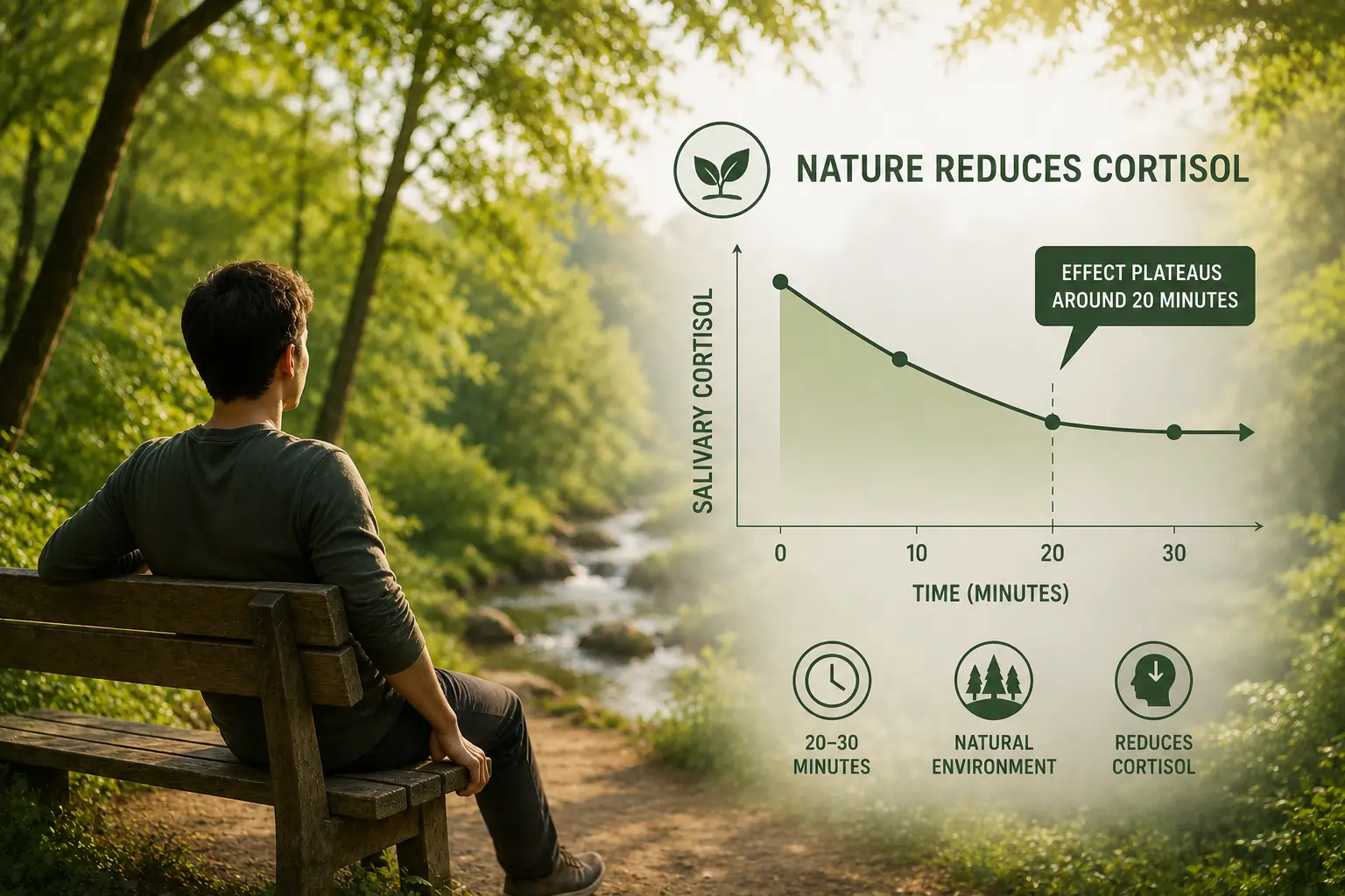 Reducing cortisol levels through nature exposure — 20–30 minutes in a natural environment produces measurable reductions in salivary cortisol