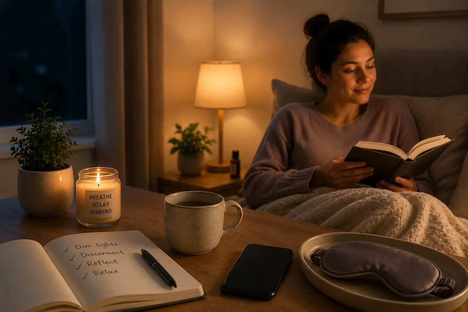 A warm lamp casting soft shadows in a cozy, dimly lit bedroom