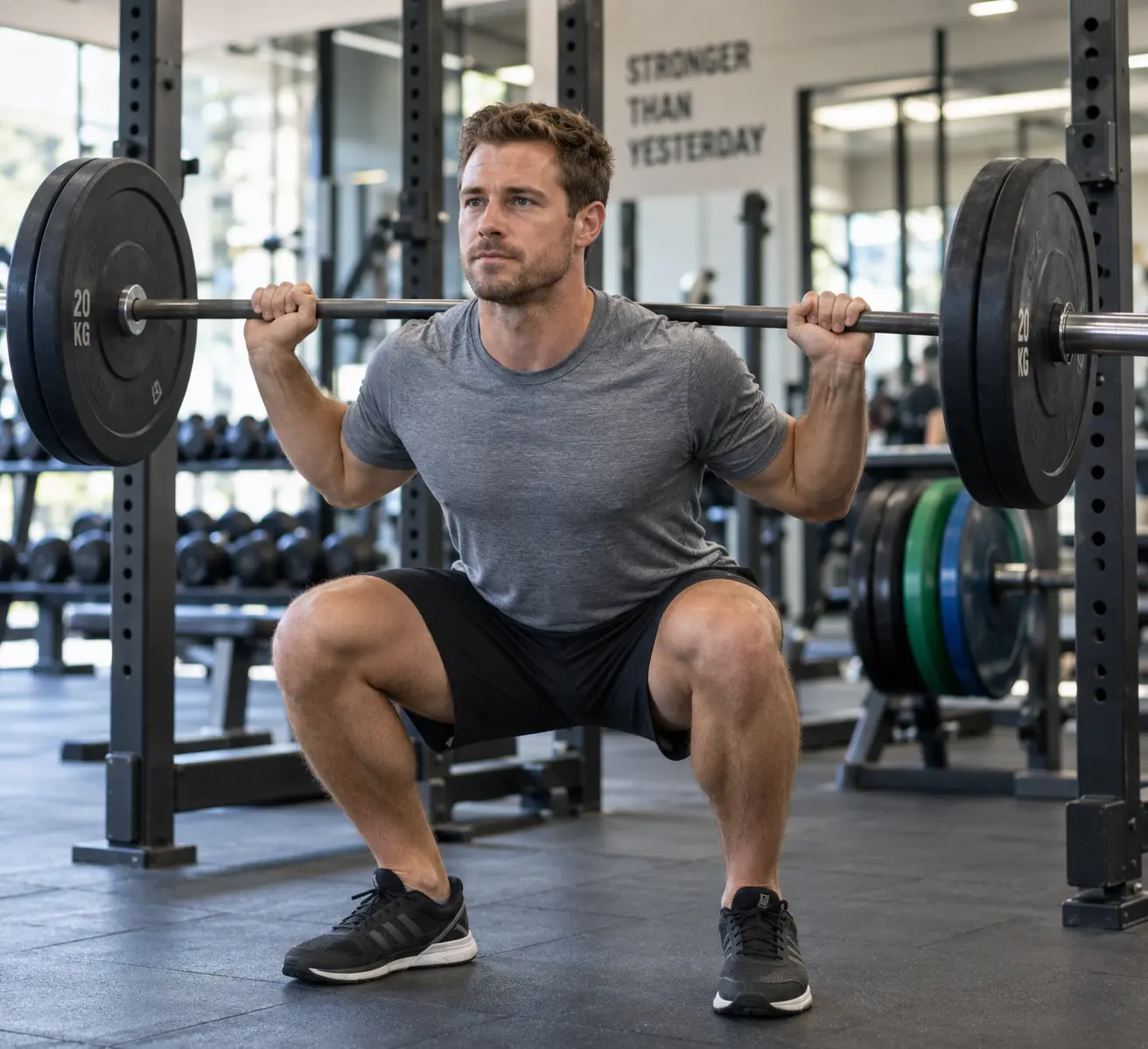 A man in a gym doing a barbell back squat, mid-rep, with a rack of weight plates visible in the background