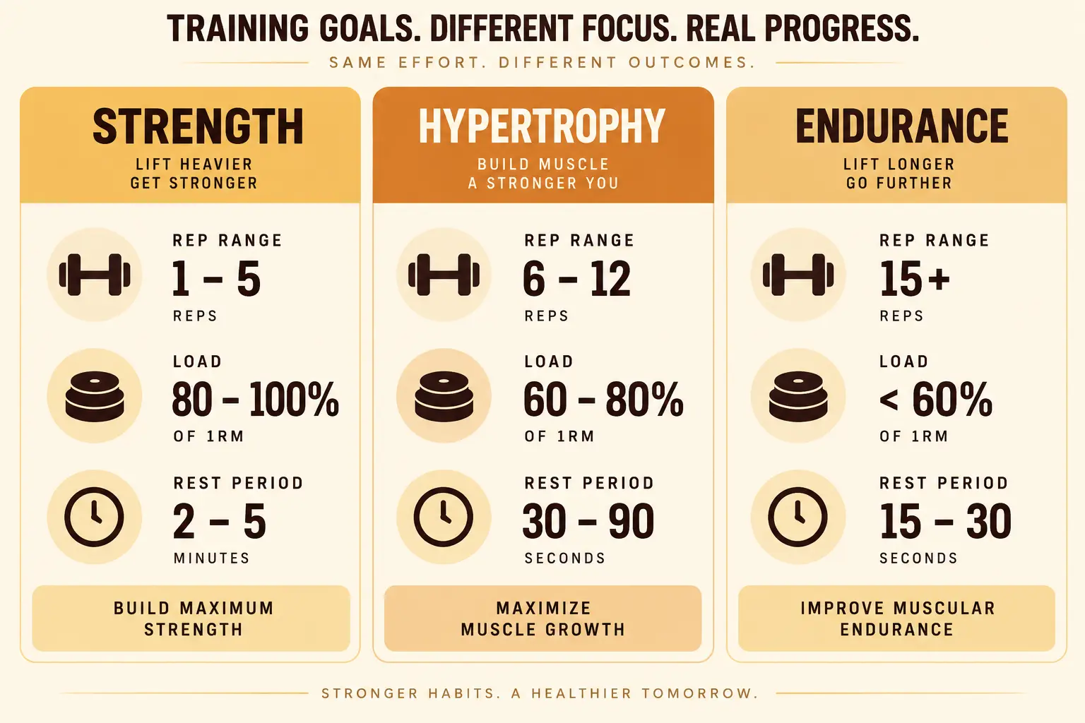 A comparison chart showing rep ranges, load percentages, and rest periods for strength, hypertrophy, and endurance training goals