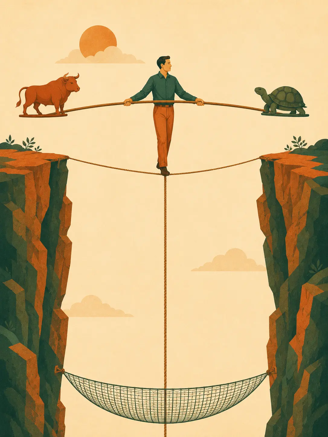 Illustration of a tightrope walker calmly balancing with a pole holding a bull on one end and a tortoise on the other, safety net below — like balancing growth and stability in an allocation