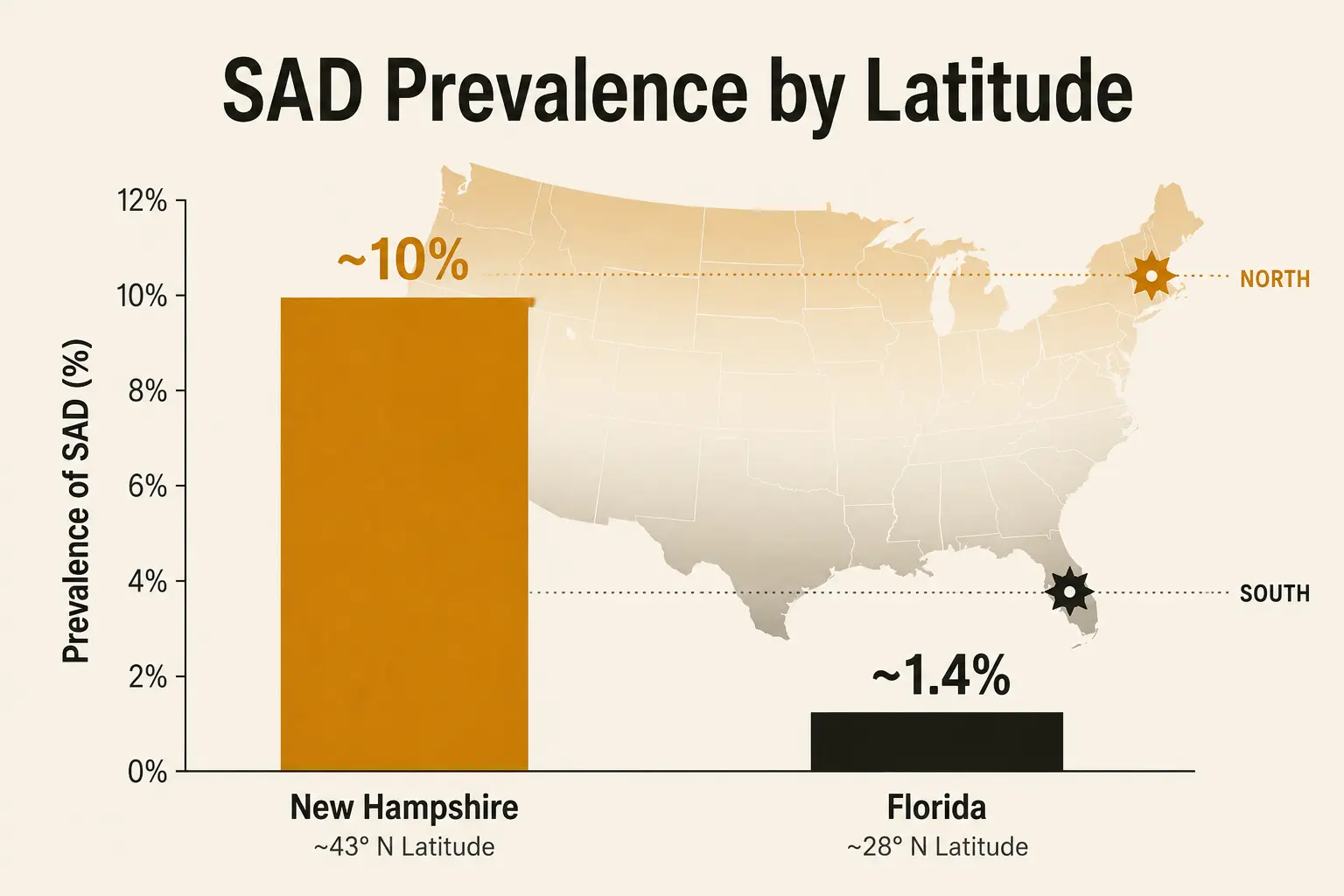 A chart comparing seasonal affective disorder prevalence rates between northern and southern US latitudes, showing higher rates in areas with less winter daylight