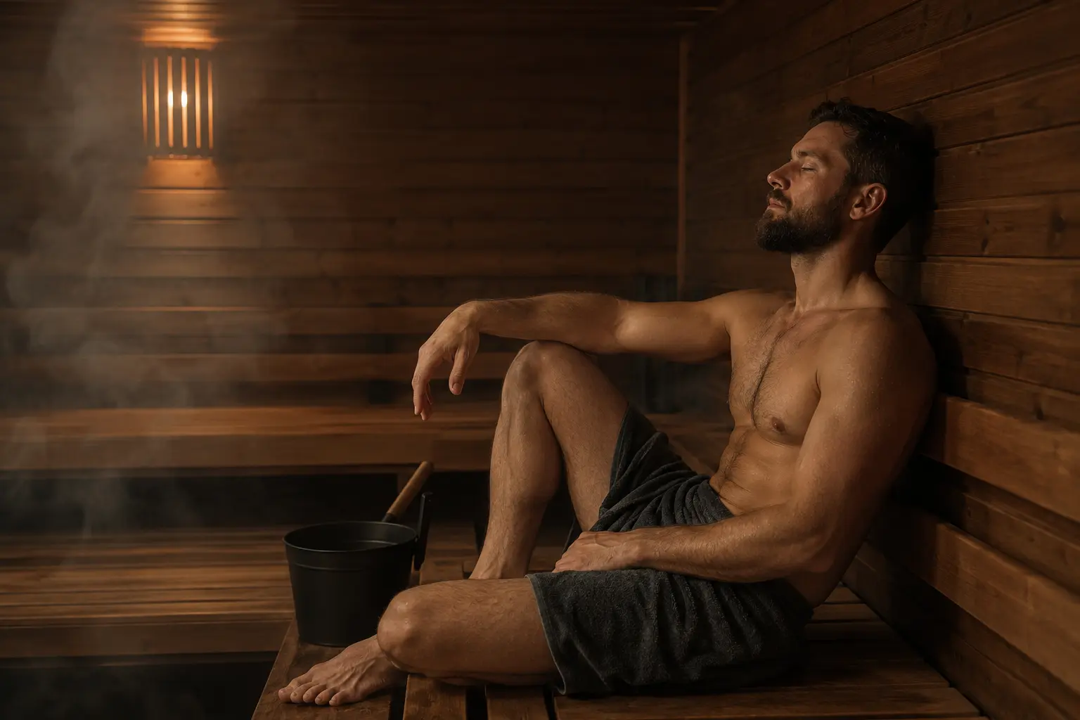 A person sitting relaxed on a wooden bench inside a traditional sauna, warm ambient light and wood paneling visible
