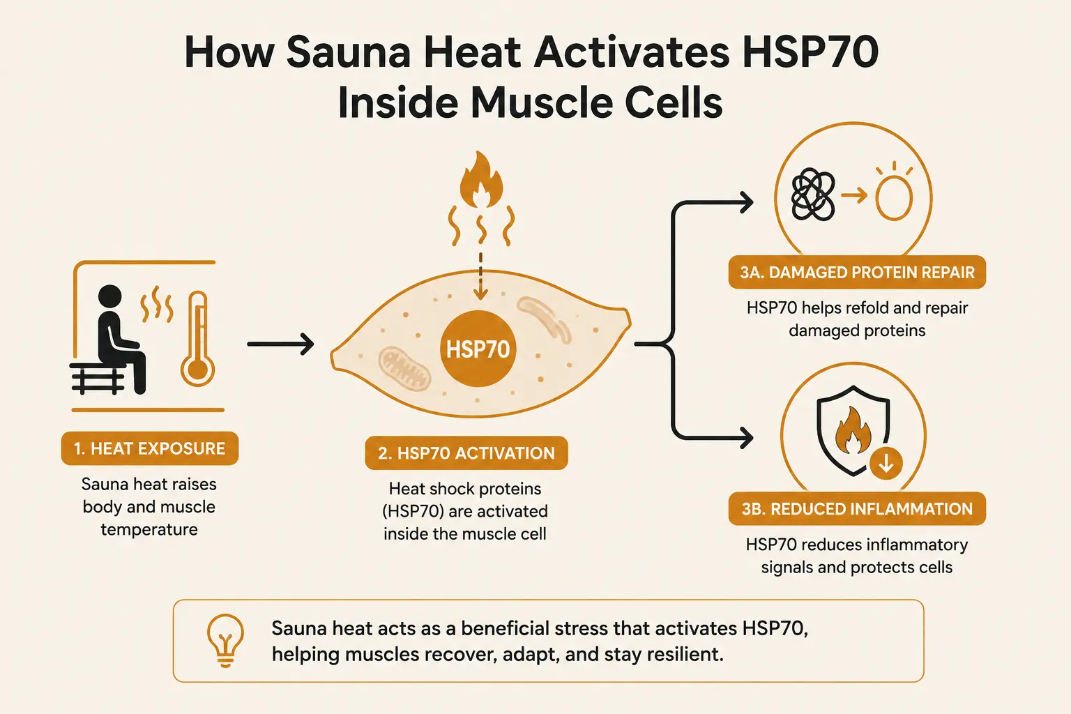 A diagram showing how sauna heat triggers heat shock protein activation to repair damaged muscle proteins and reduce inflammation