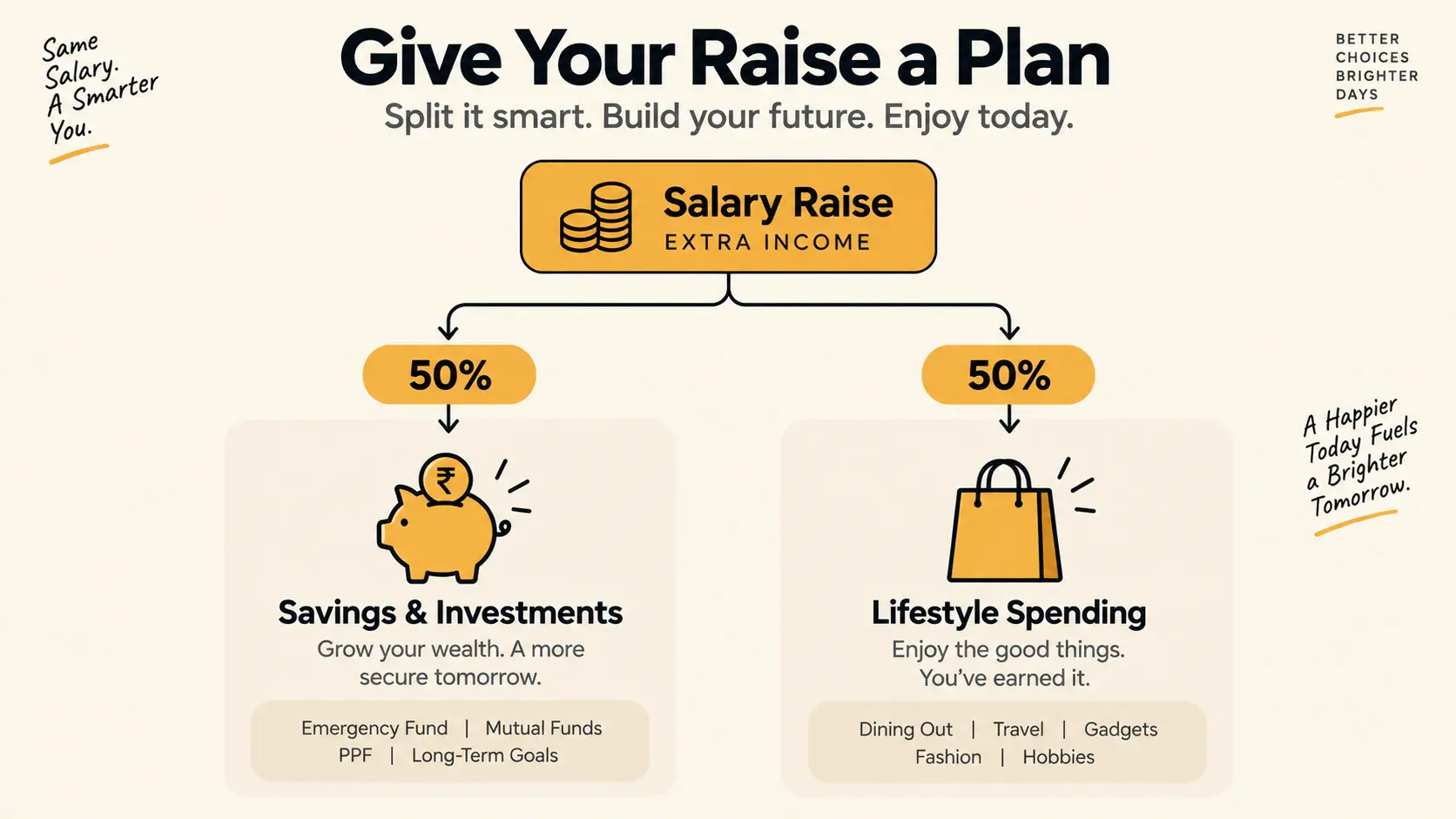 A simple diagram showing an incoming raise being split automatically into two parts — 50 percent to savings and investments, 50 percent to genuine lifestyle spending