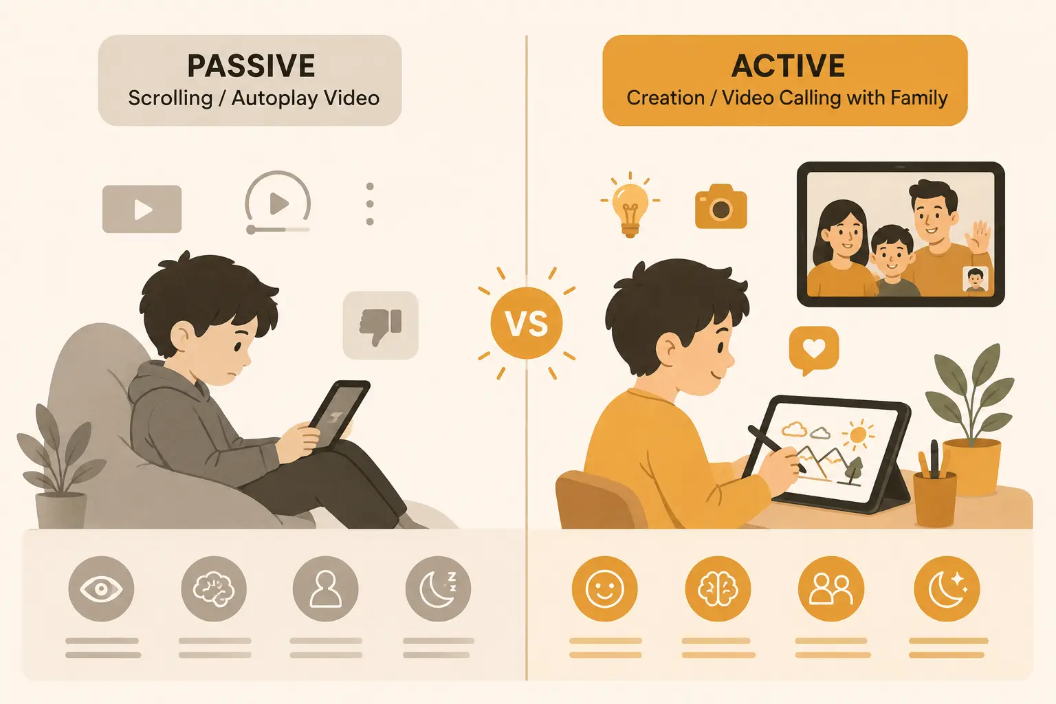 A comparison graphic showing passive viewing, co-viewed educational content, and social media use as different categories of screen time
