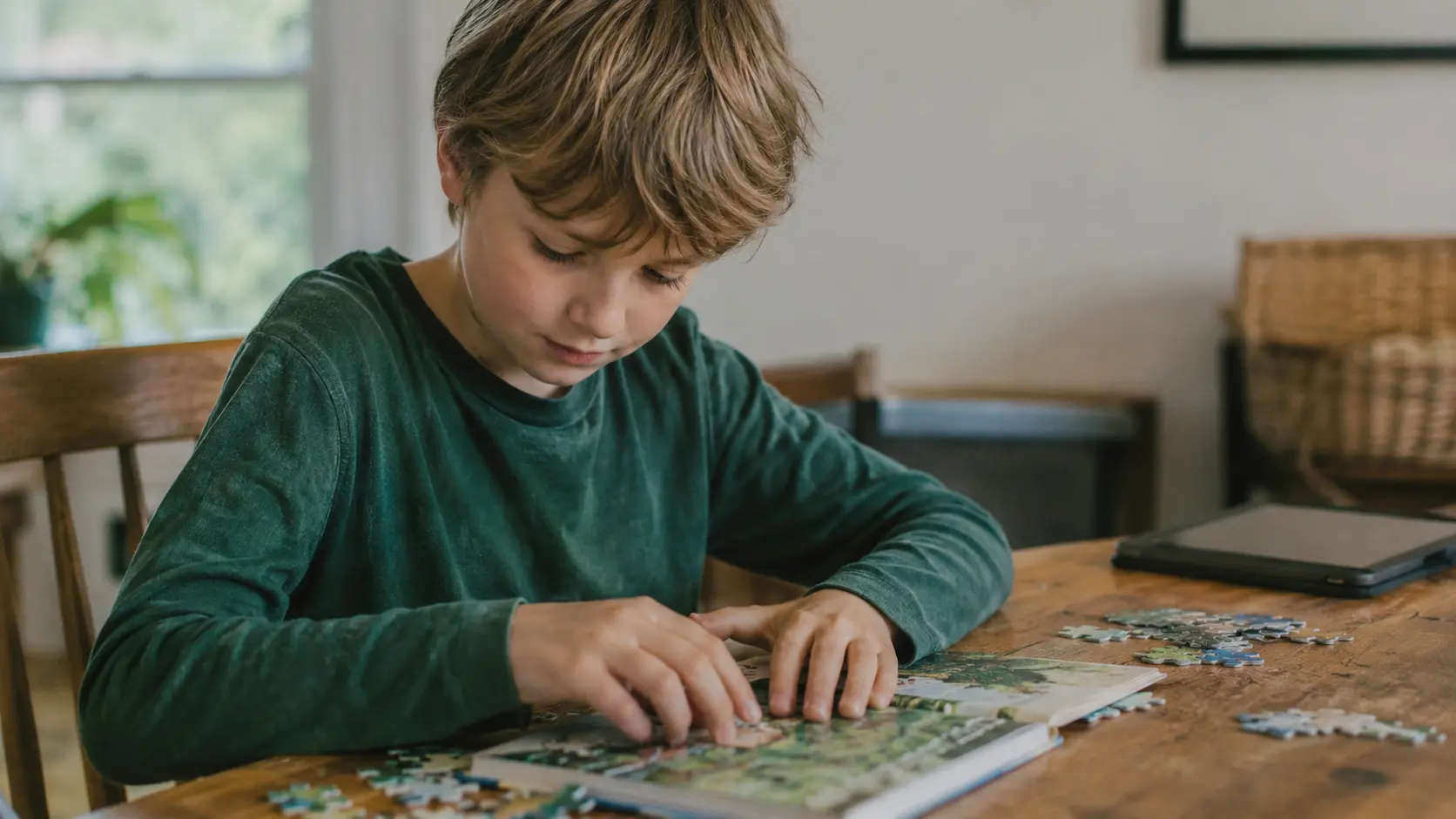 A child watching a tablet on a couch while a parent sits nearby, representing co-viewed screen time in a family setting