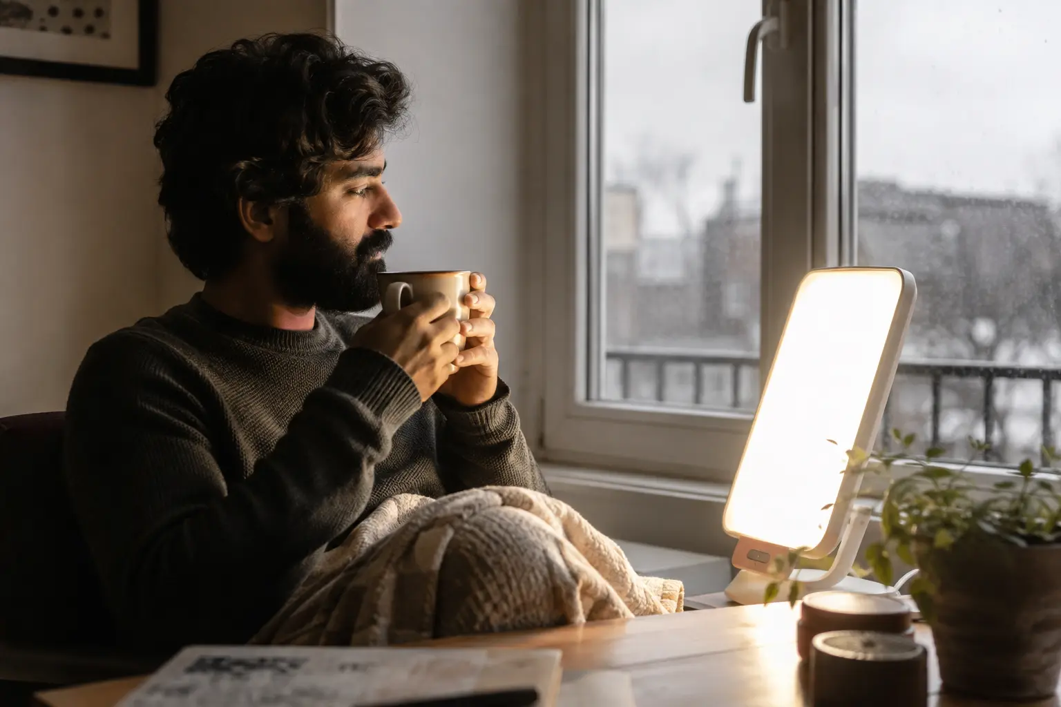 A person sitting near a bright light therapy lamp by a window on a grey winter morning, drinking coffee