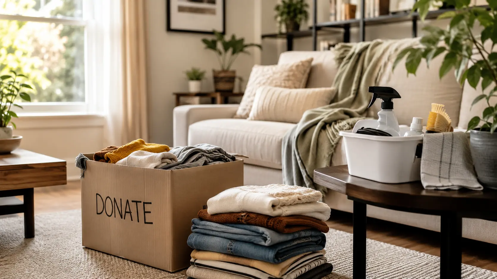 A tidy, sunlit living room mid-seasonal-reset, with a donation box, a folded stack of seasonal clothing, and a cleaning caddy nearby