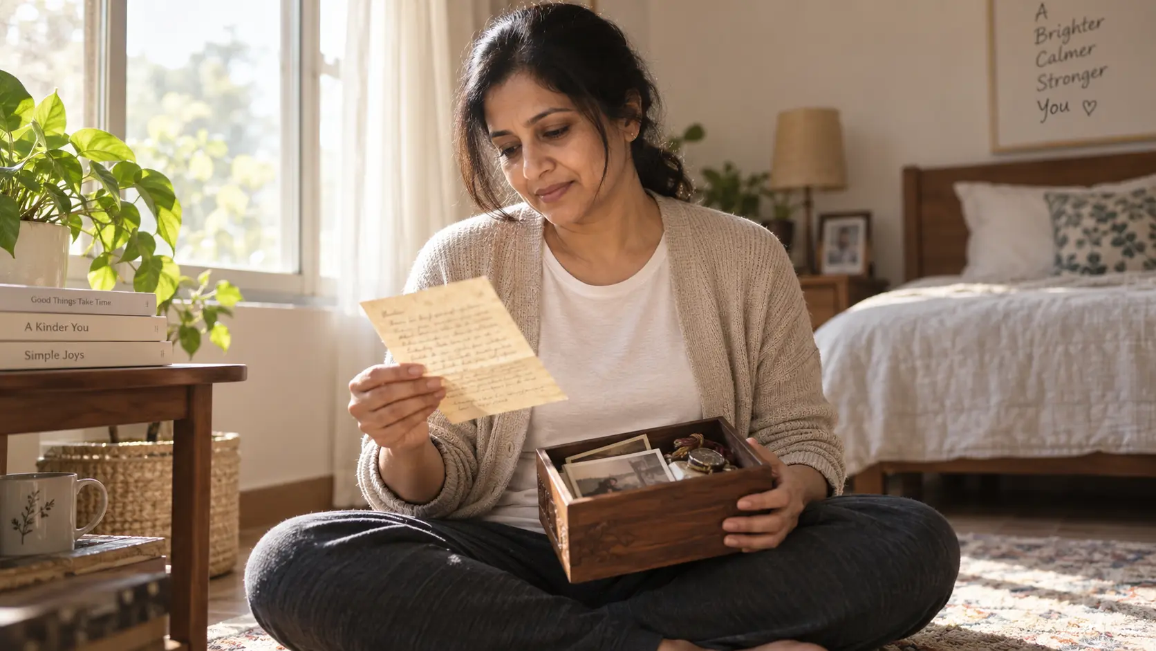 A woman sitting cross-legged on the floor of a bedroom, gently holding an old handwritten letter and a small box of keepsakes, looking thoughtful rather than upset