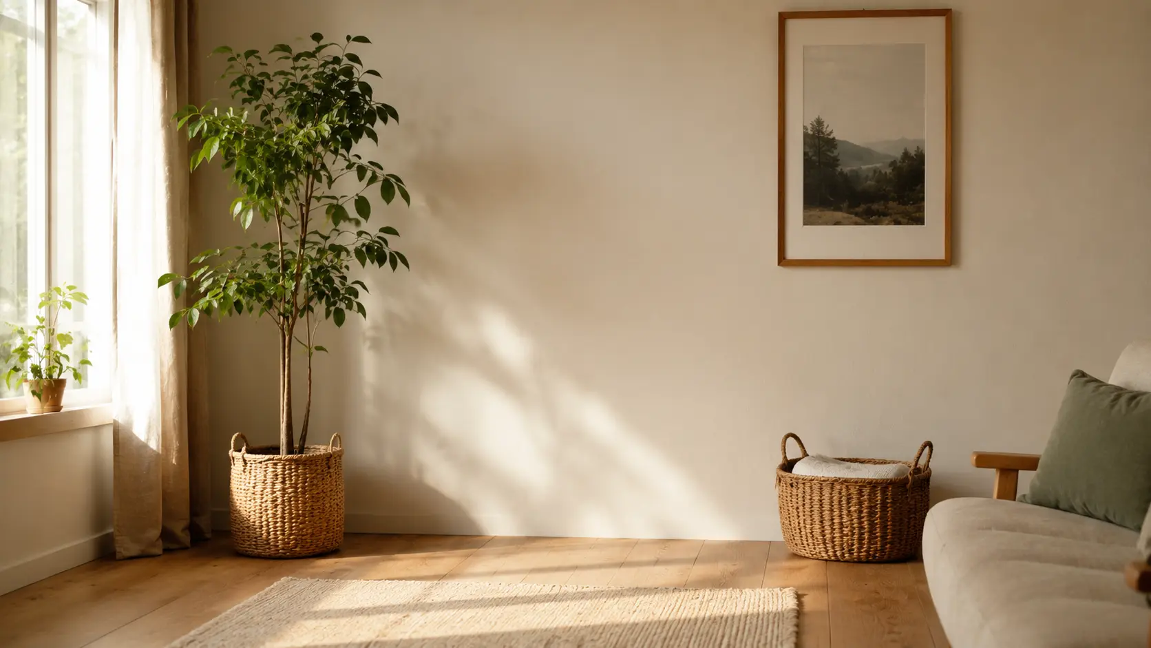 A calm, uncluttered living space with natural light, a few well-chosen objects, and visible empty space between them — an example of slow living applied to a home