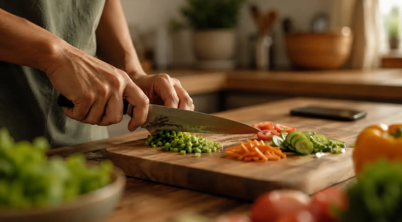 A person's hands chopping vegetables on a wooden board with full attention, phone face-down and untouched in the background — an example of single-tasking