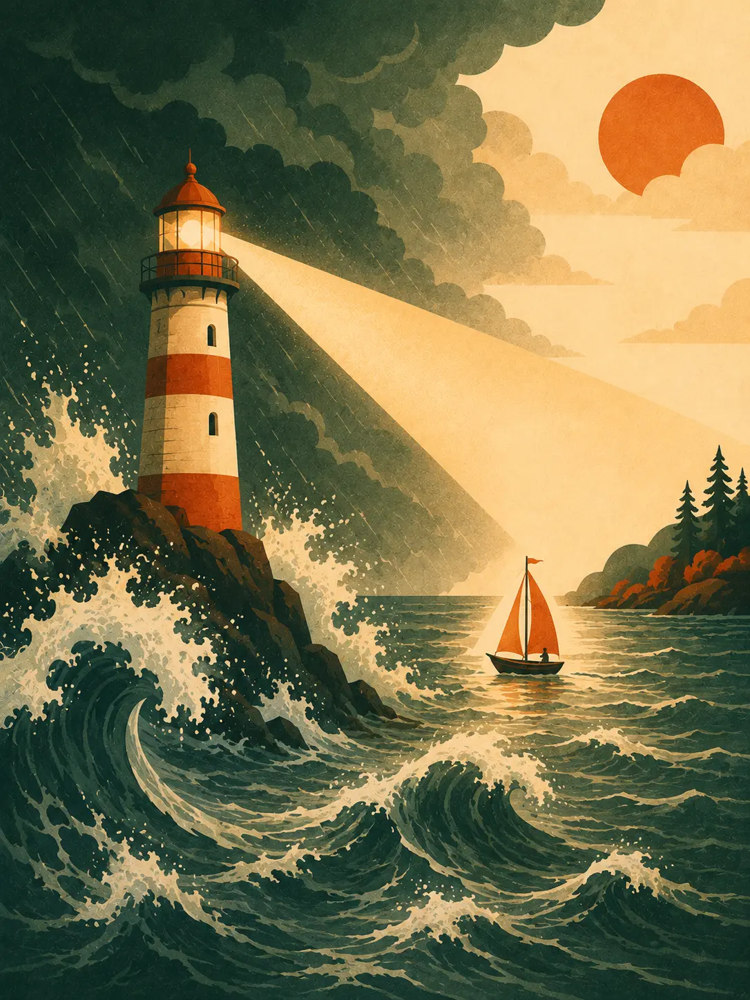Illustration of a lighthouse standing steady amid a stormy sea while a small sailboat safely follows its calm beam toward shelter — like a written plan guiding an investor through a crash