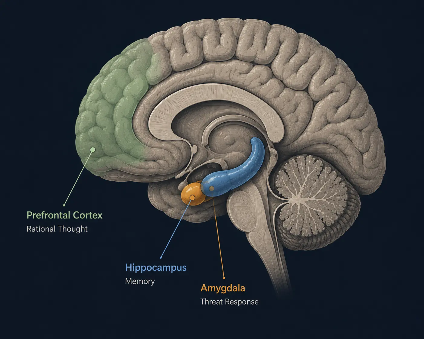 Illustration of three brain regions affected differently by chronic stress: hippocampus, amygdala, and prefrontal cortex