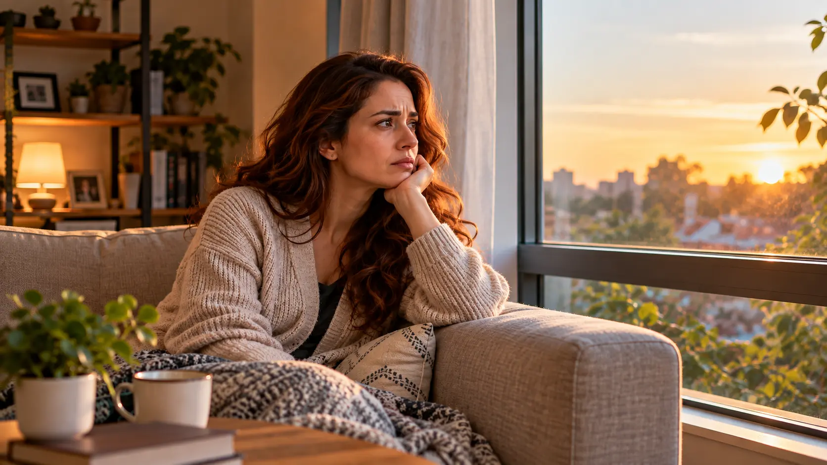 A woman in her early 30s with wavy auburn hair, wearing a cozy cardigan, sitting on a couch by a window in late afternoon light, looking out with a slightly tense, distracted expression