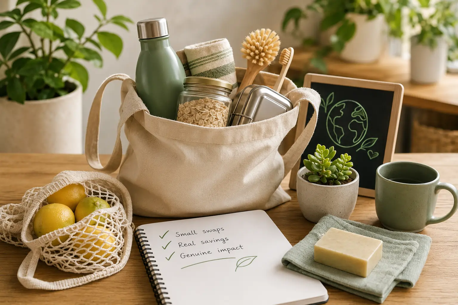 A bright, minimal home with plants, natural materials and reusable items — the practical aesthetic of sustainable living on a budget