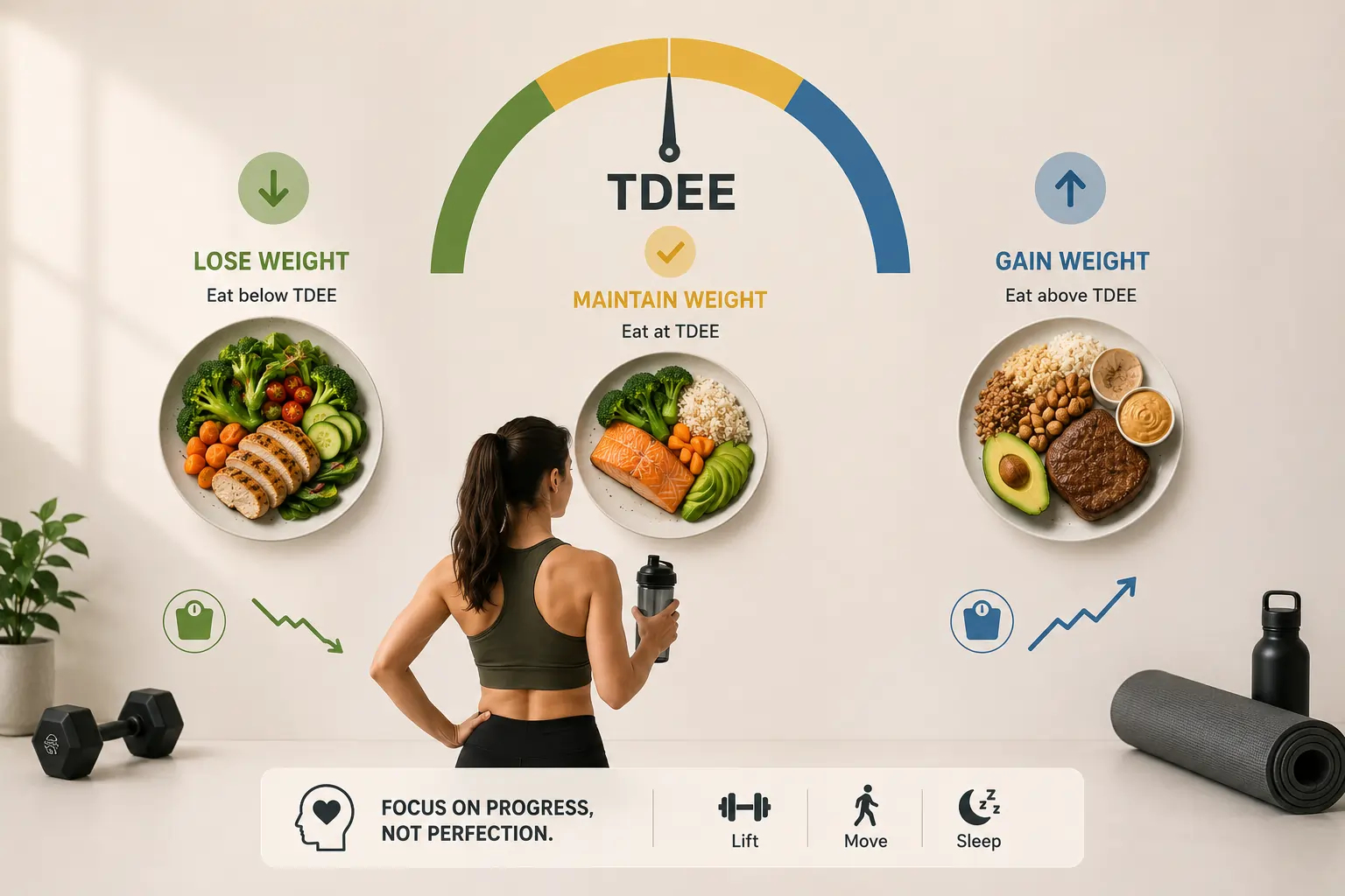 Colourful, balanced meal preparation on a kitchen counter — representing practical, sustainable eating informed by TDEE
