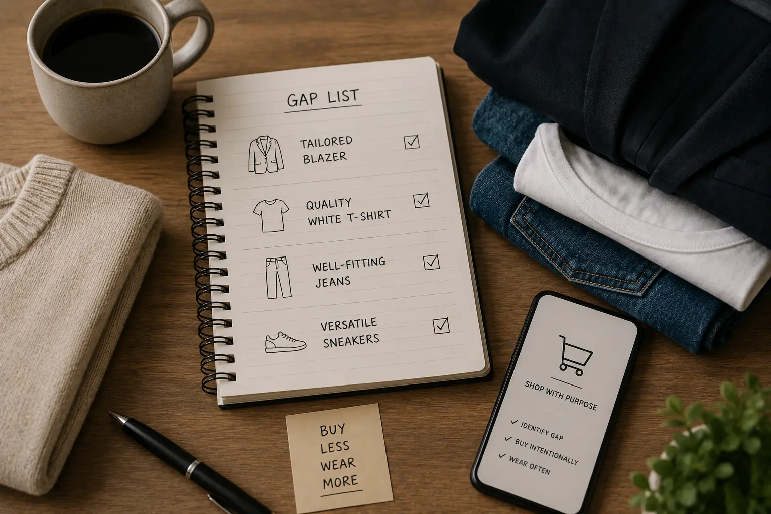 Notebook and pen used for a deliberate review — the same reflective practice applies to clothing spending as to any other category where patterns only become visible once written down