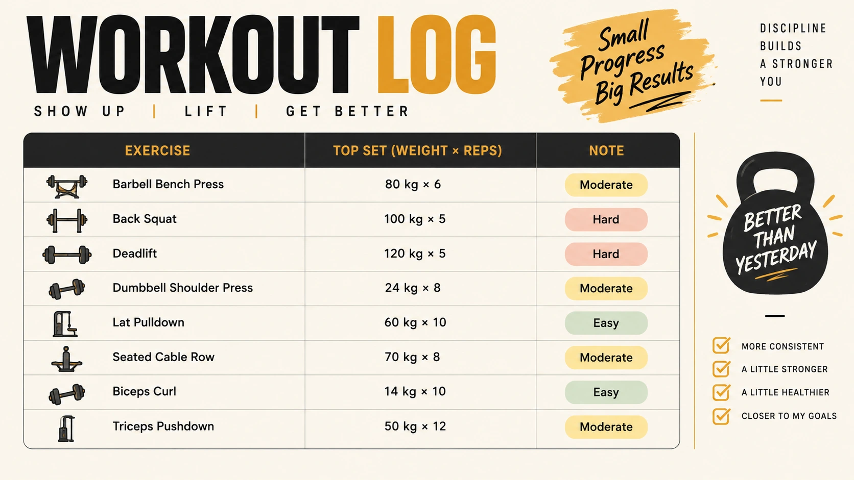 An example of a simple three-field workout log page showing exercise name, top set weight and reps, and a one-word subjective note for each entry