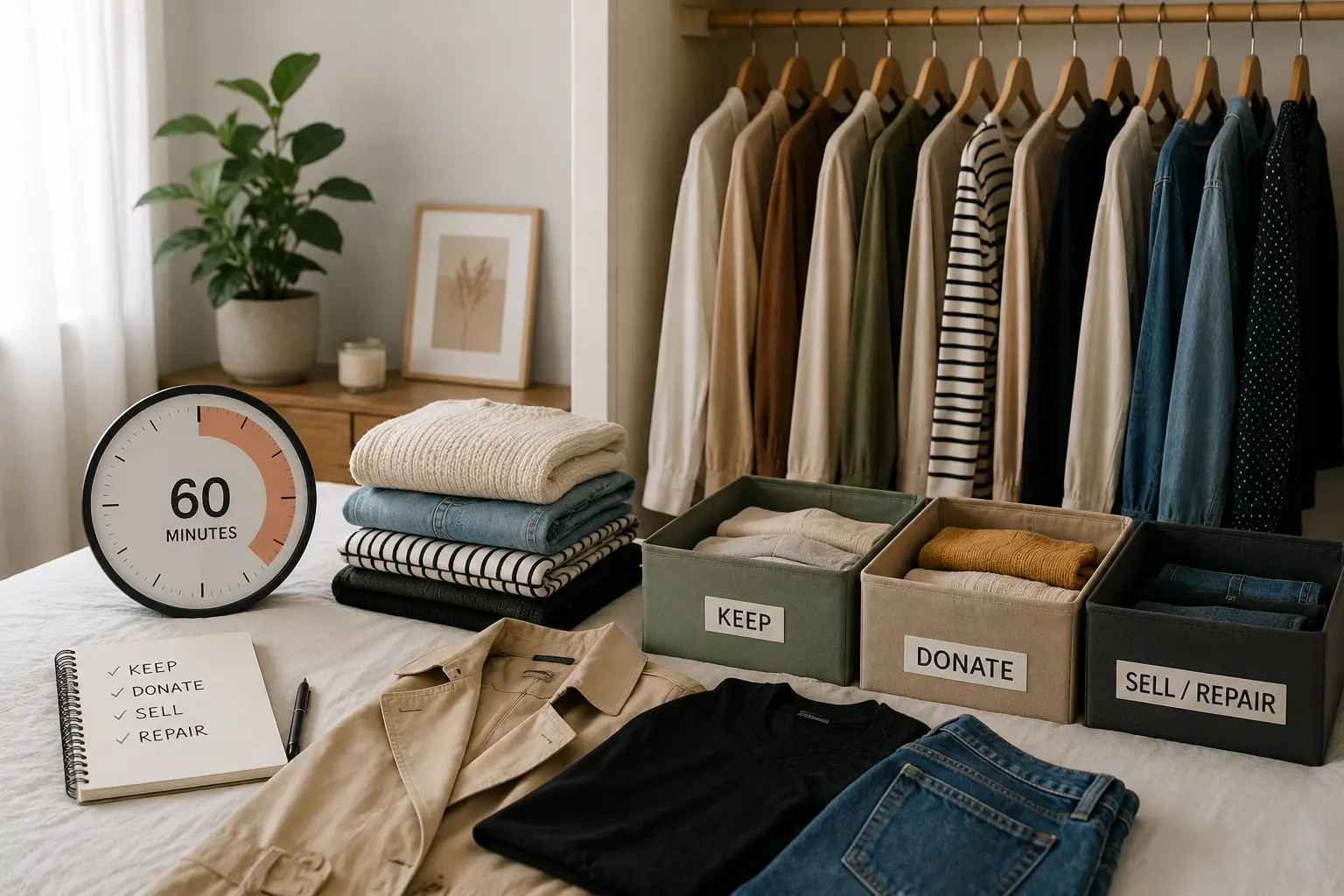 A minimal, organised wardrobe with carefully chosen pieces — the result of a deliberate audit that removes what isn't worn and keeps what genuinely earns its place