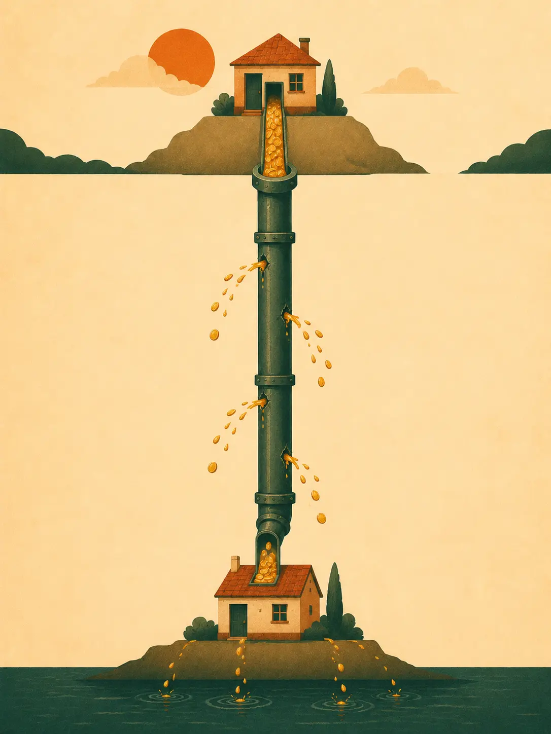 Illustration of money flowing as golden liquid through a pipe between two houses, with hidden holes leaking coins along the way — the receiving house getting visibly less, like hidden transfer markups