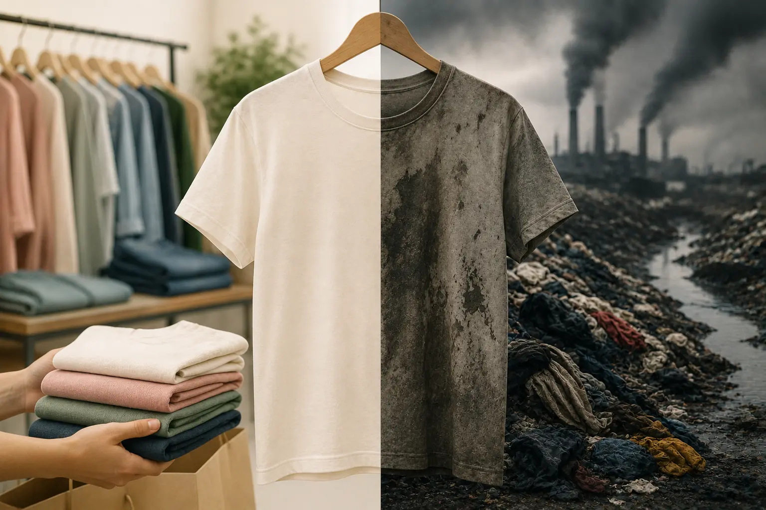 A curated, minimal wardrobe — the deliberate alternative to fast fashion's high-volume disposable model, where fewer items worn more often produce better value and far less waste