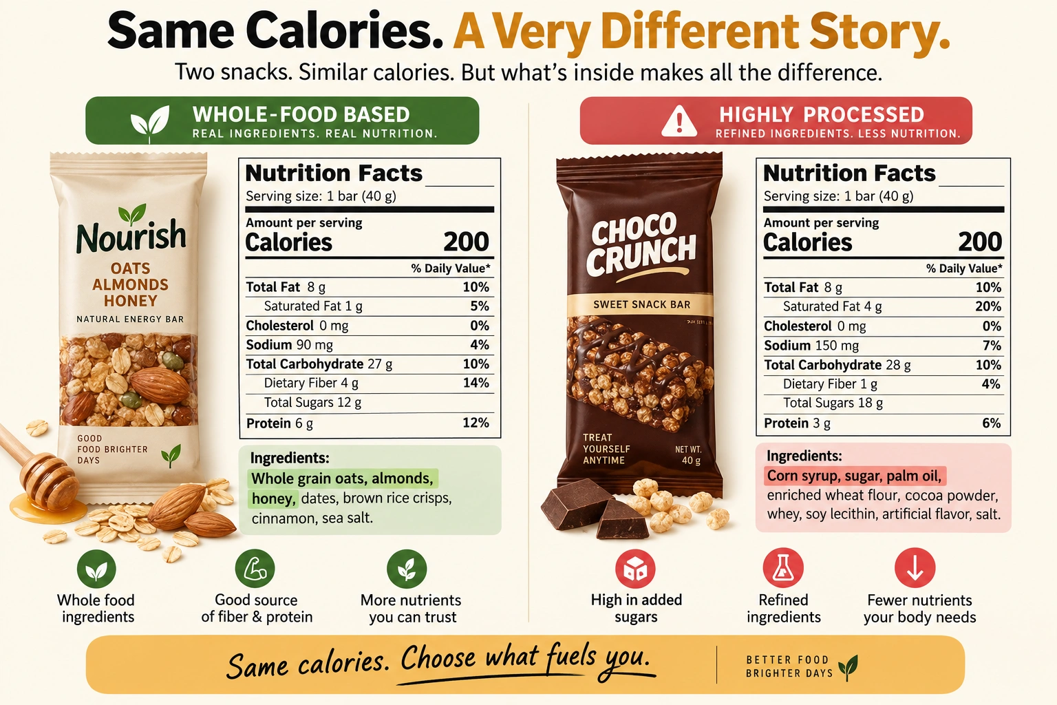 A side-by-side comparison of two packaged snack nutrition labels, one with whole-food first ingredients and one with sugar and refined flour as the first ingredients