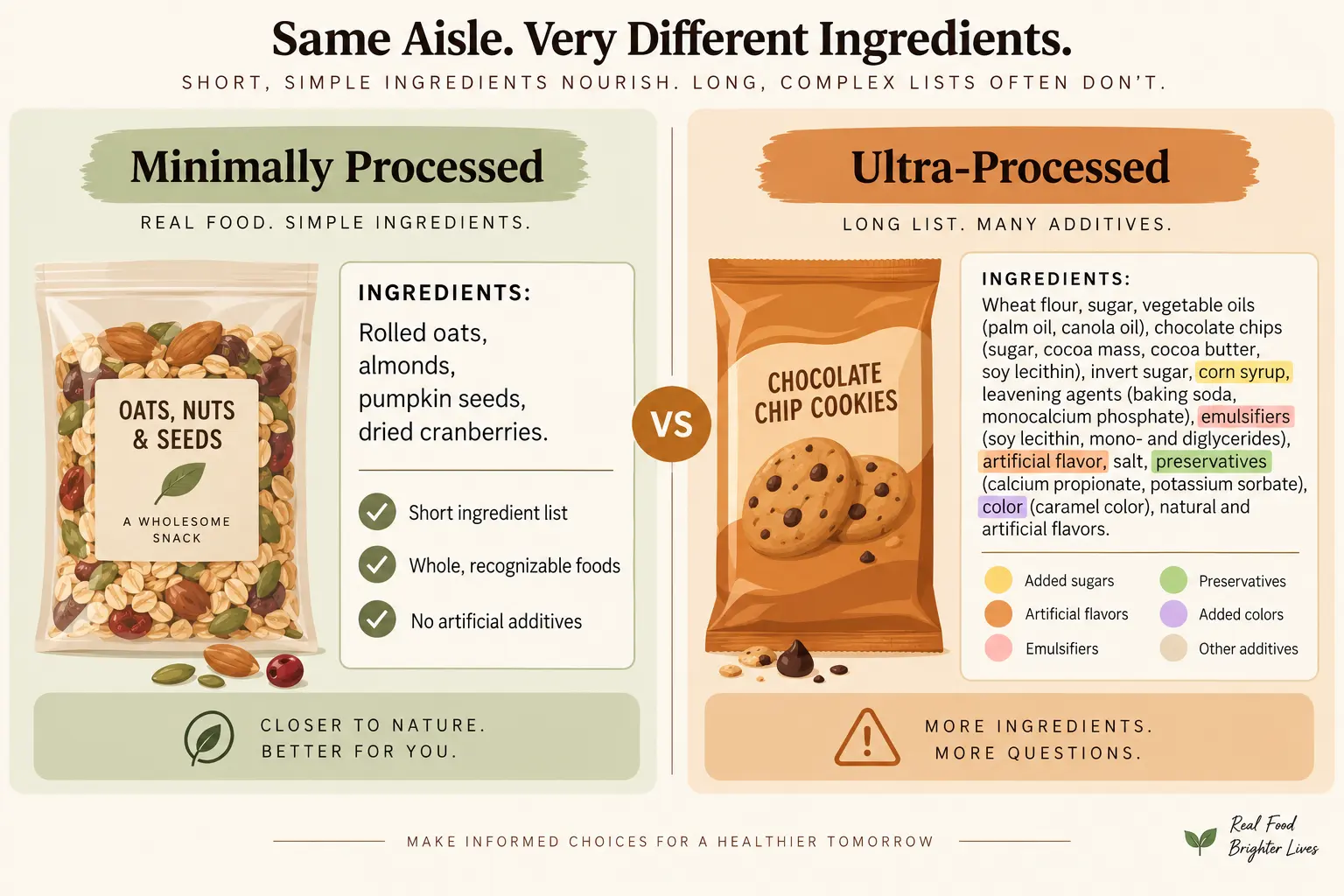 A side-by-side comparison of two food ingredient labels, one showing a short recognizable ingredient list and one showing a long list of industrial additives