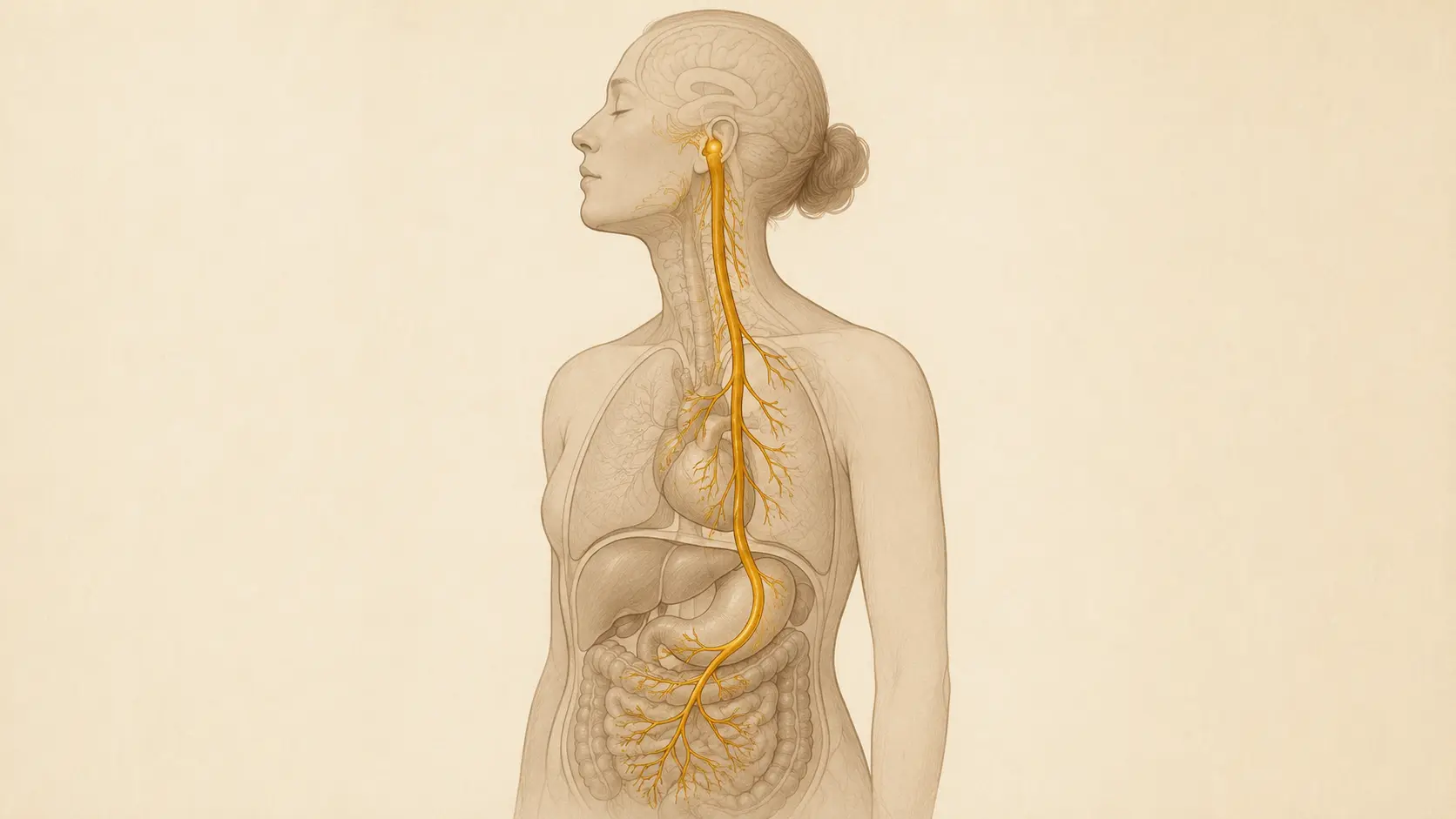 Illustration of the vagus nerve pathway running from the brainstem through the throat, heart, lungs and gut