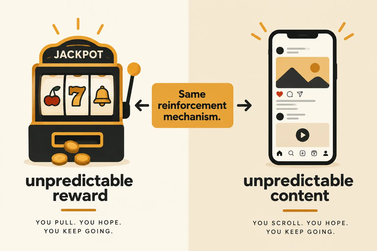 A side-by-side diagram comparing the variable reward mechanism of a slot machine with the unpredictable content reward of a social media feed