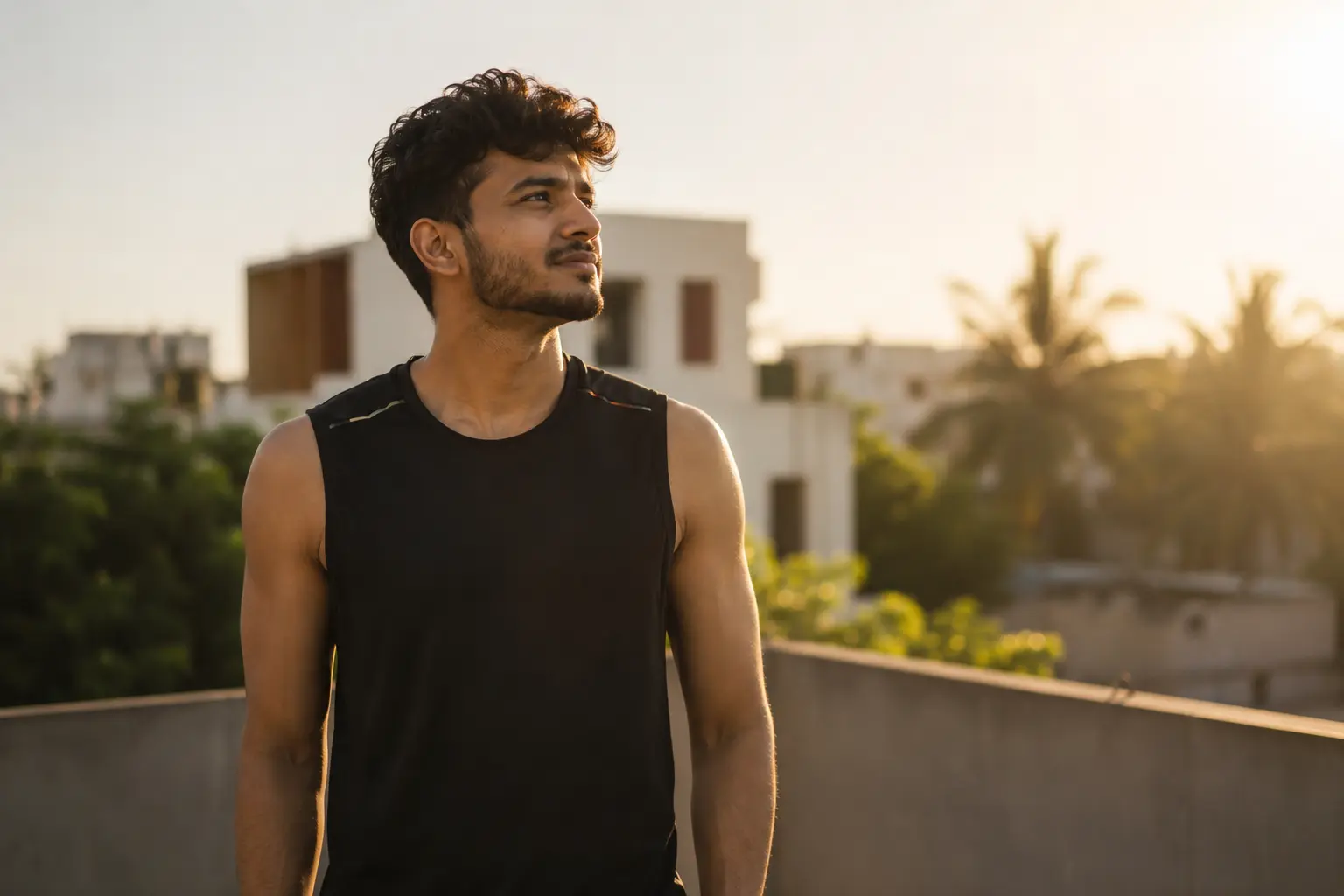 A person standing outdoors in soft morning sunlight with bare arms exposed, representing natural vitamin D synthesis from sun exposure