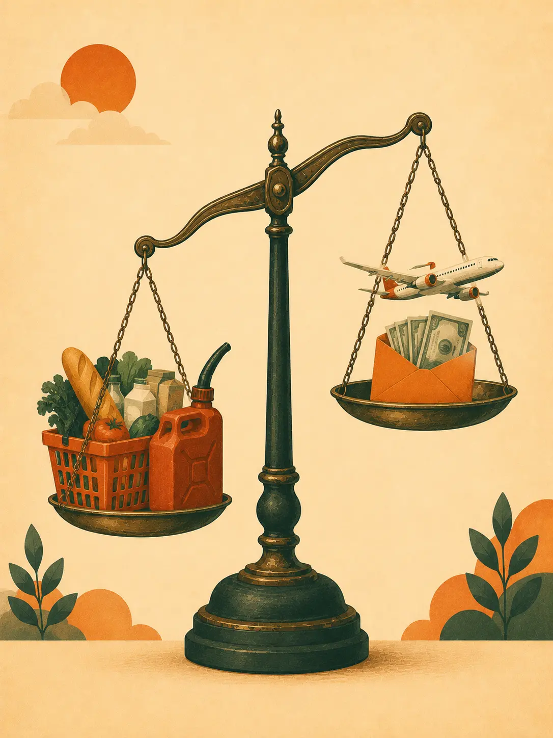 Illustration of a balance scale tilting — one pan holding groceries and a fuel can, the other an envelope of money with a small airplane above it, like the trade-offs of a weakening currency
