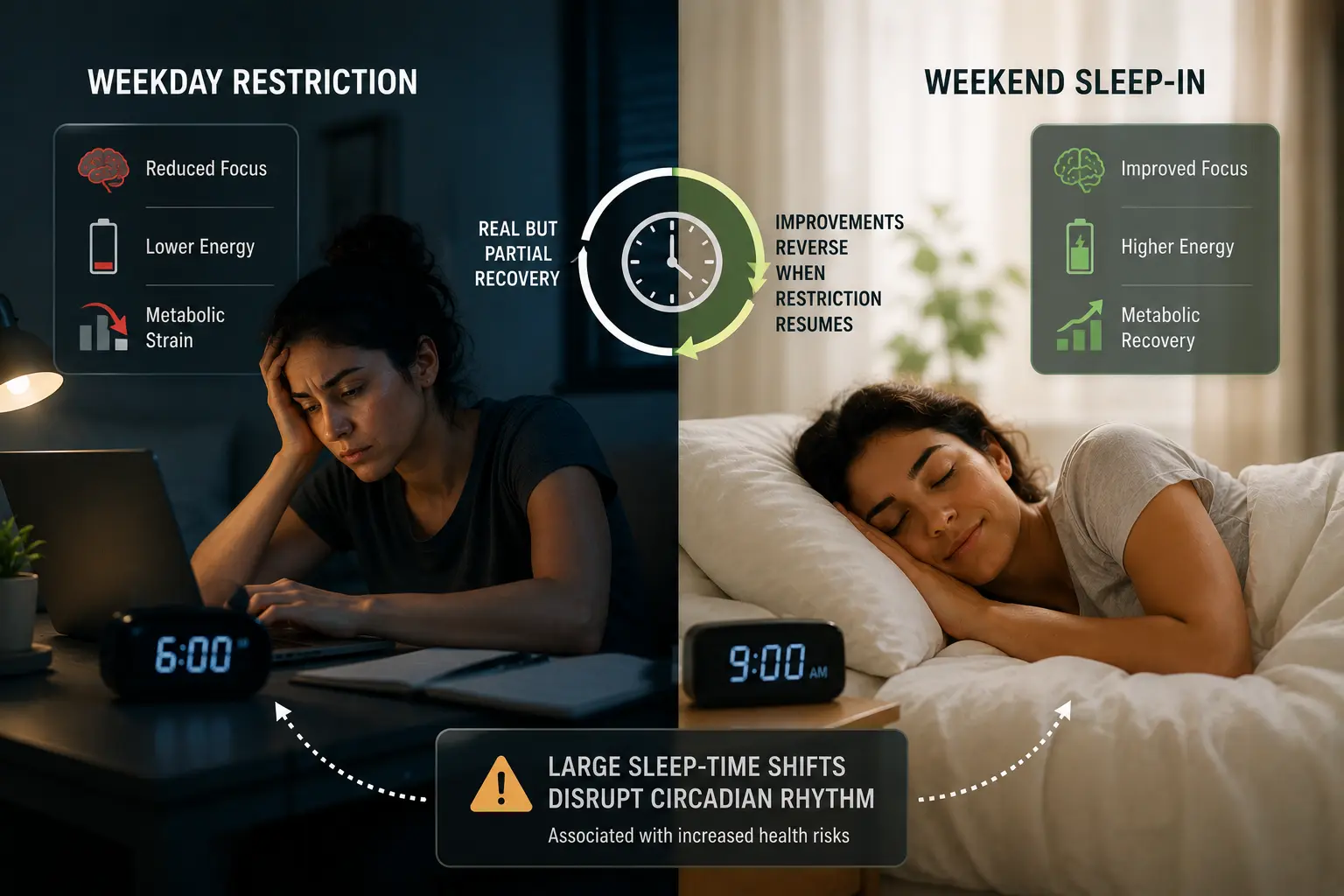 Person asleep on a weekend morning — representing the partial but incomplete nature of weekend recovery sleep and the social jet lag it can create