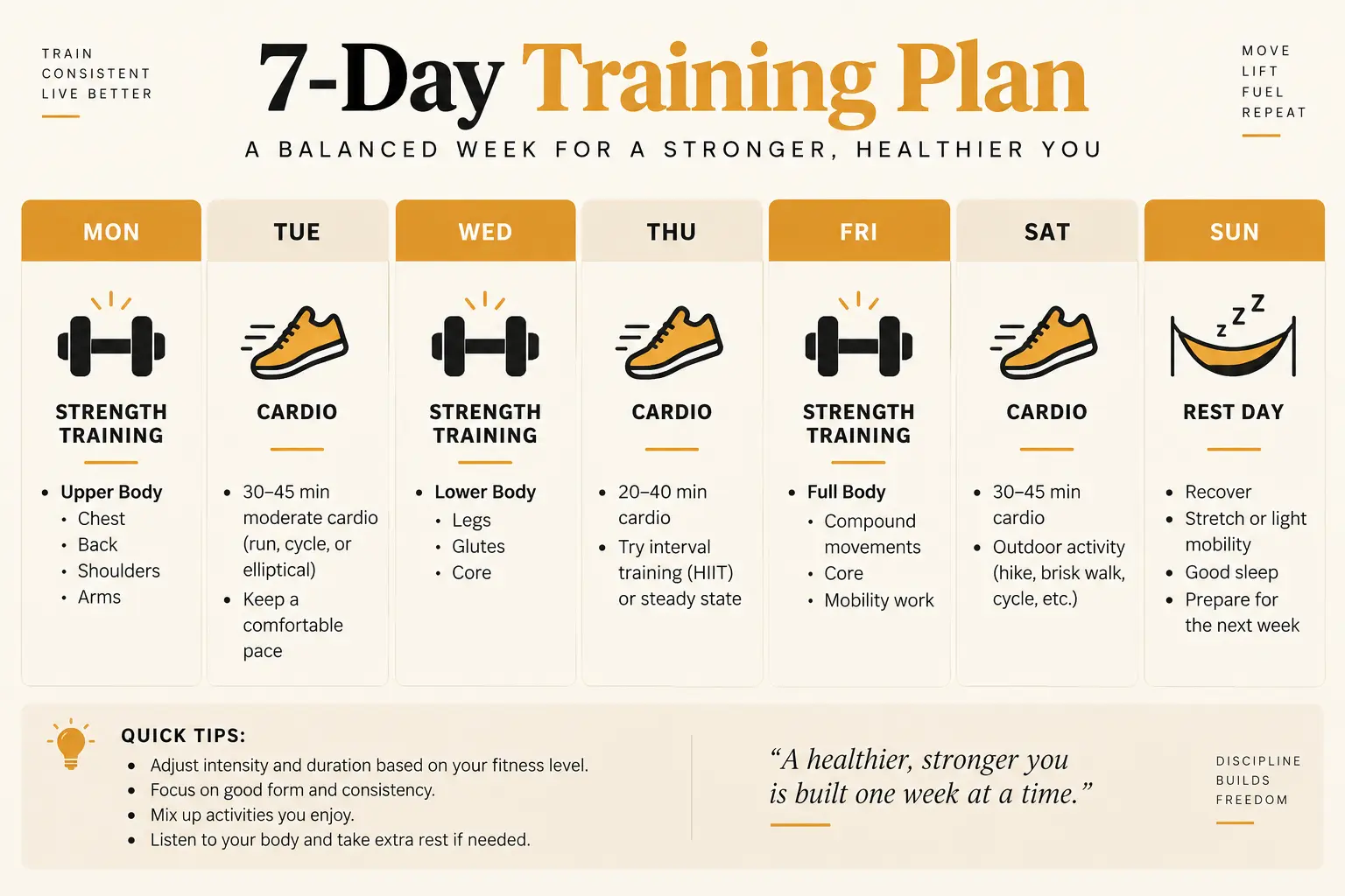 A weekly calendar diagram showing a sample schedule that combines strength training sessions and cardio sessions across seven days