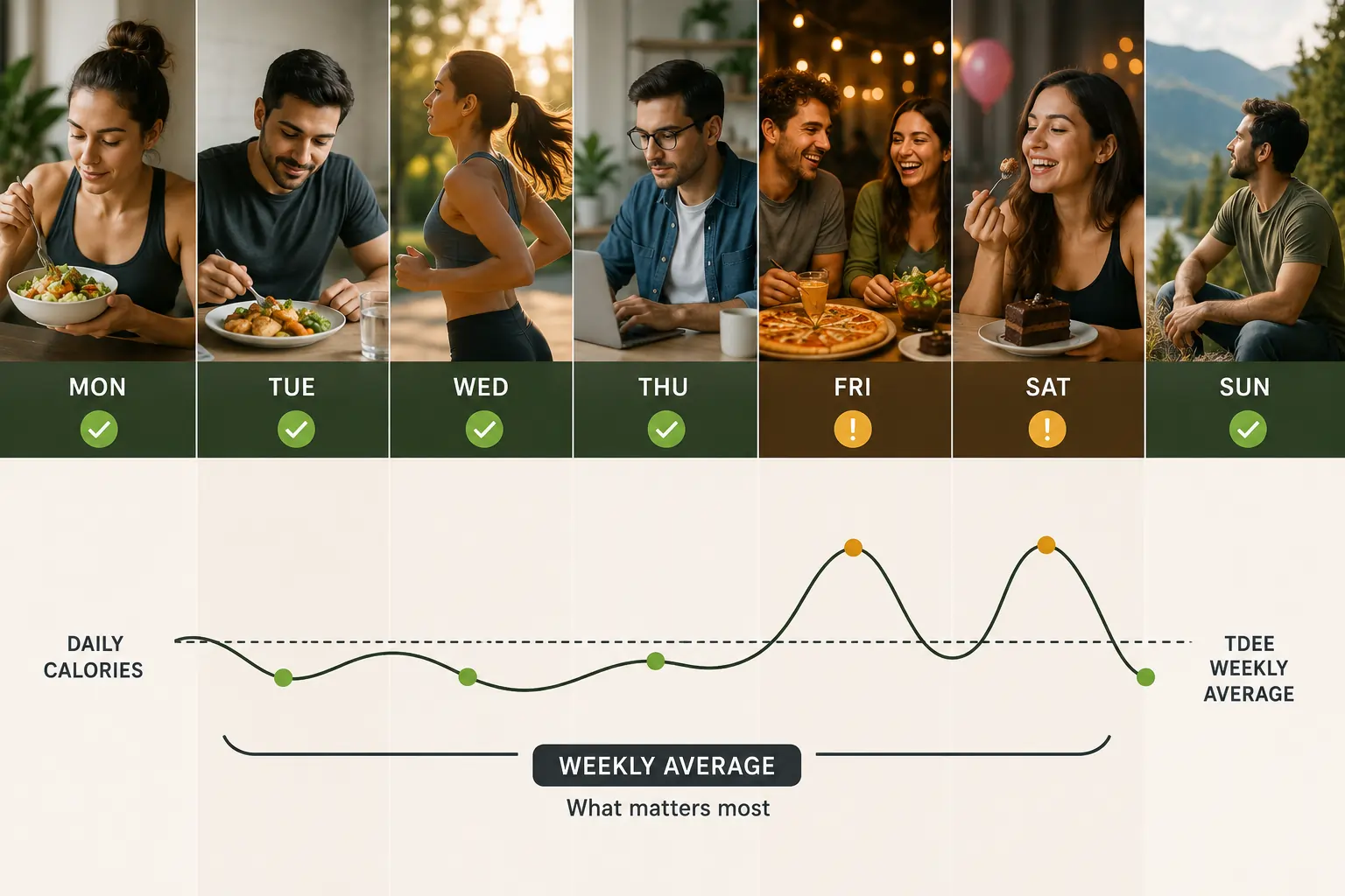 People sharing a restaurant meal — the social eating scenario that rigid calorie tracking cannot handle gracefully