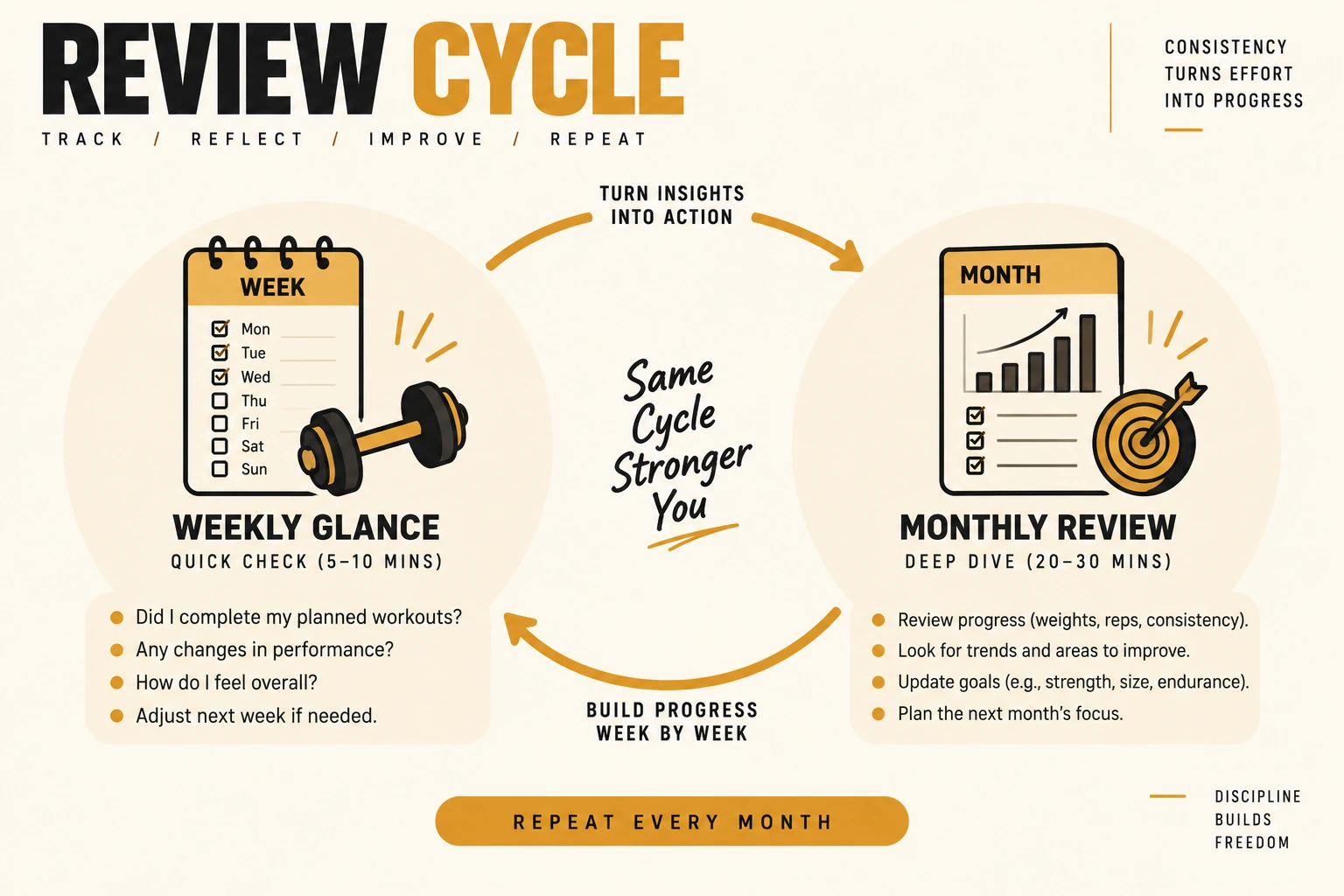 A diagram showing a simple review cycle for a workout log: a quick weekly glance and a more deliberate monthly review to check progress trends