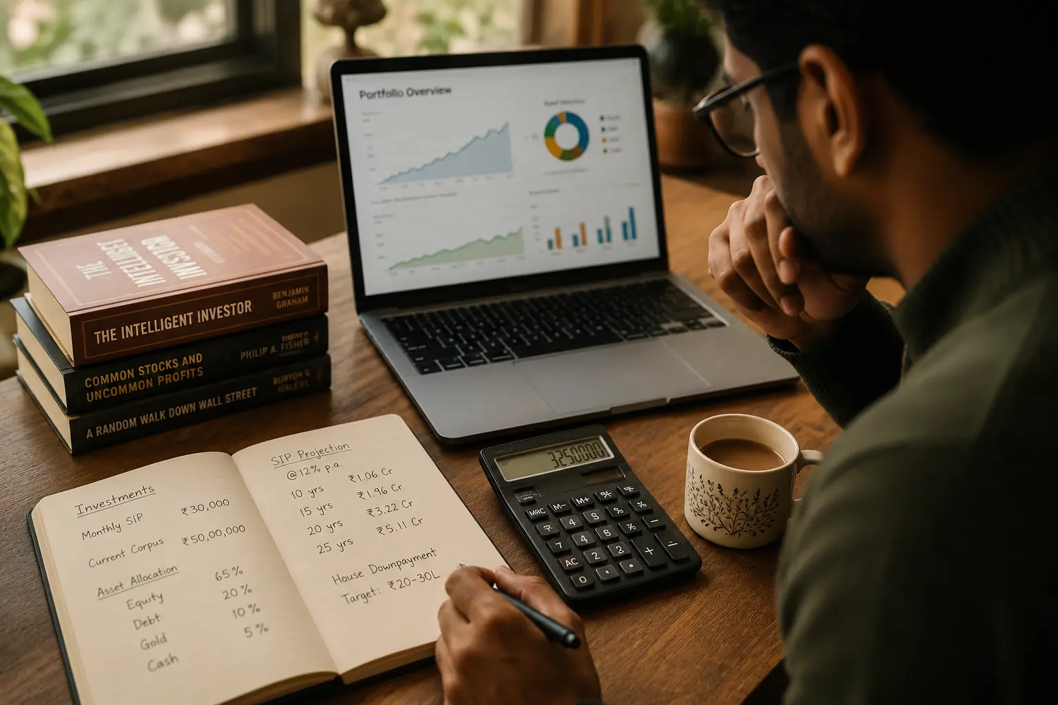 A person reviewing an investment portfolio and calculator at a desk, representing the financial planning behind the FIRE movement
