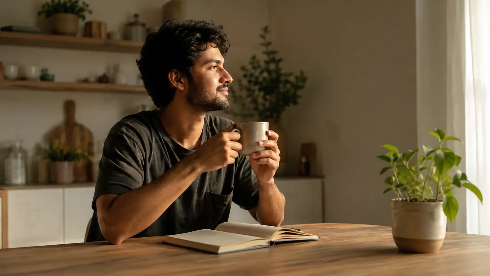 A person sitting calmly at a kitchen table in soft morning light, drinking coffee with a journal open and no phone in sight — an example of slow living