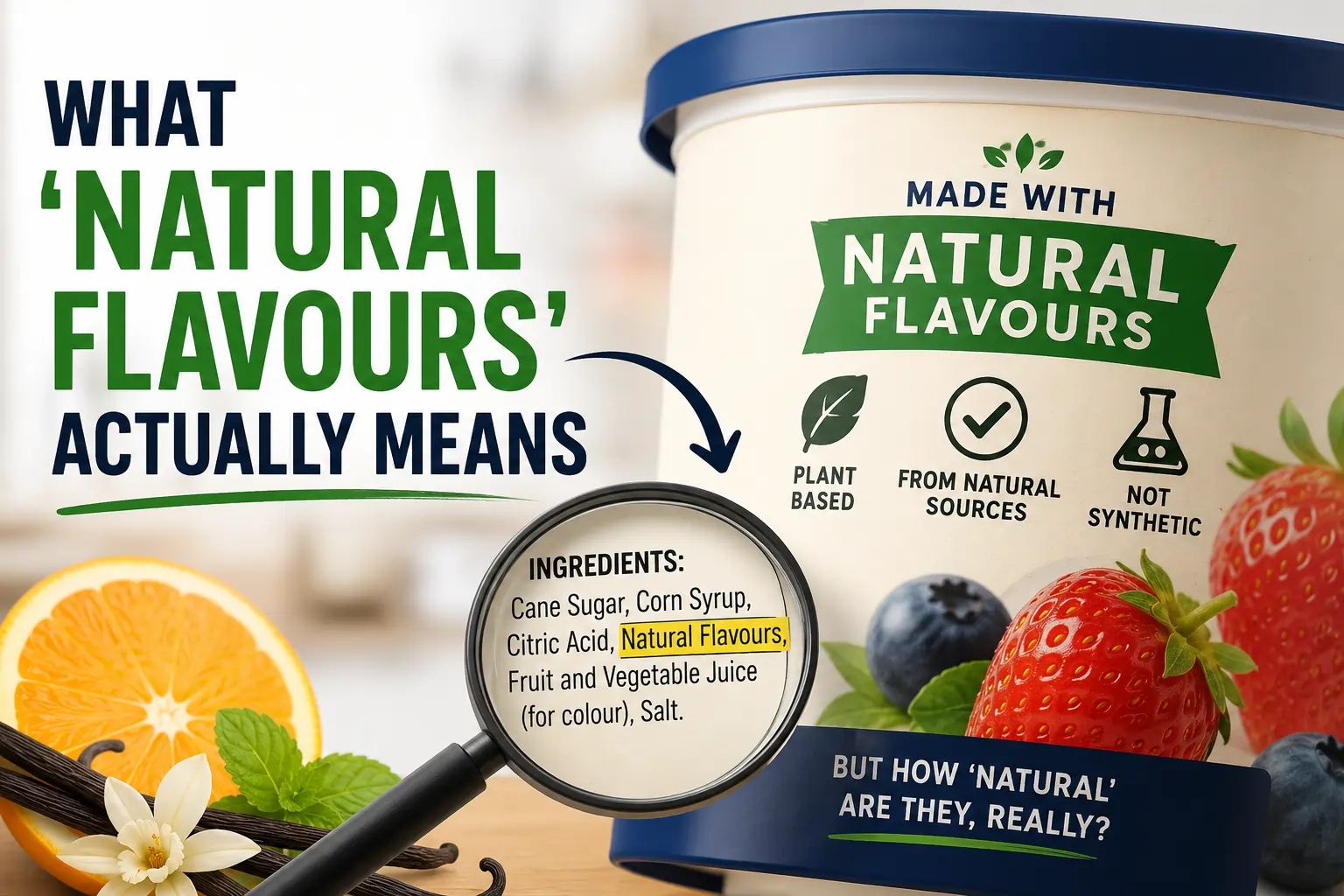 Packaged food products on a supermarket shelf — representing the processed food products where natural flavours most commonly appear