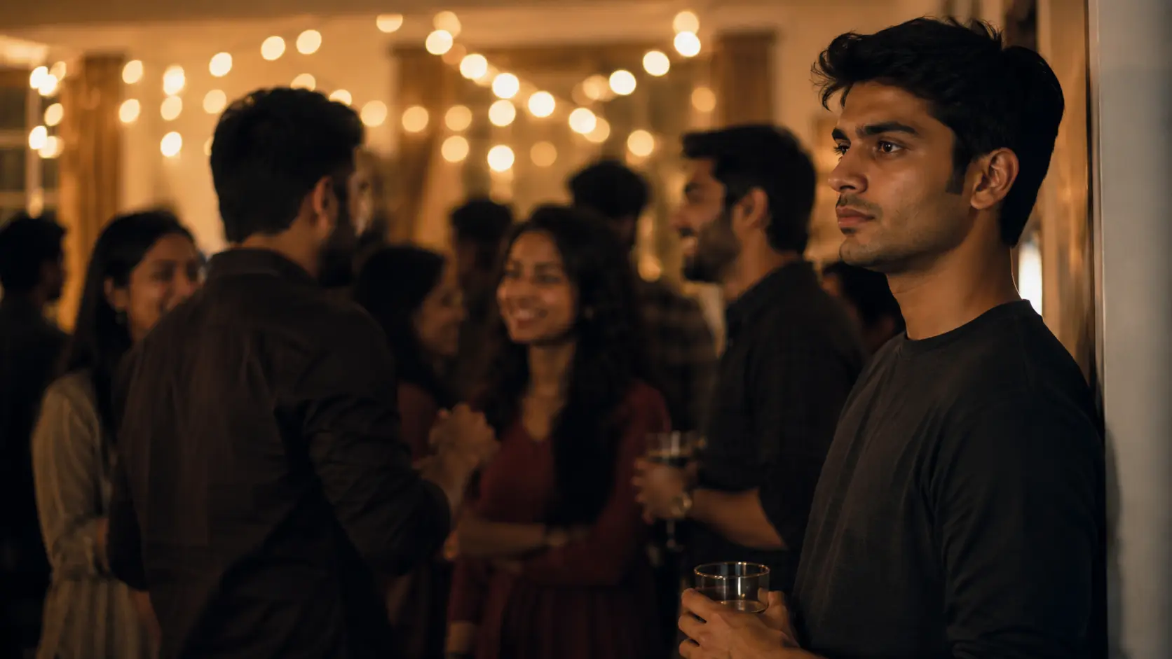 A person standing quietly at the edge of a crowded social gathering, looking distant despite being surrounded by other people
